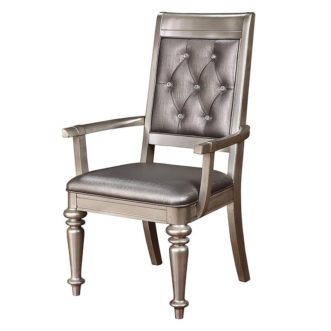 Metallic Platinum And Metallic Open Back Arm Chair Set Of 2 Silver Dining Room Glam Arm Chair Rubberwood Tufted Back Wood