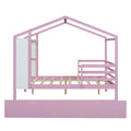 Full Size Wood House Bed With Fence And Writing Board, Pink Pink Solid Wood