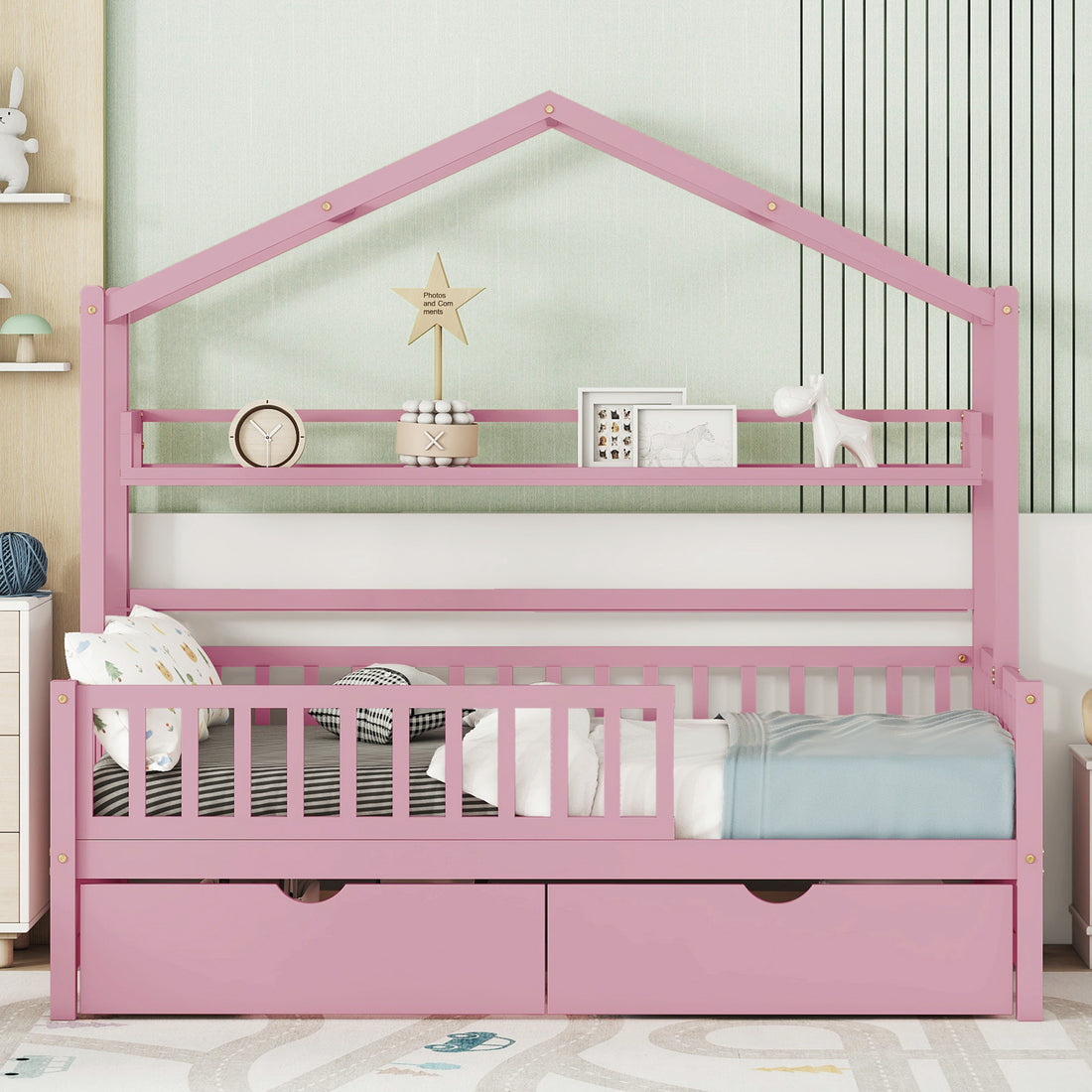 Wooden Twin Size House Bed With 2 Drawers,Kids Bed With Storage Shelf, Pink Pink Wood