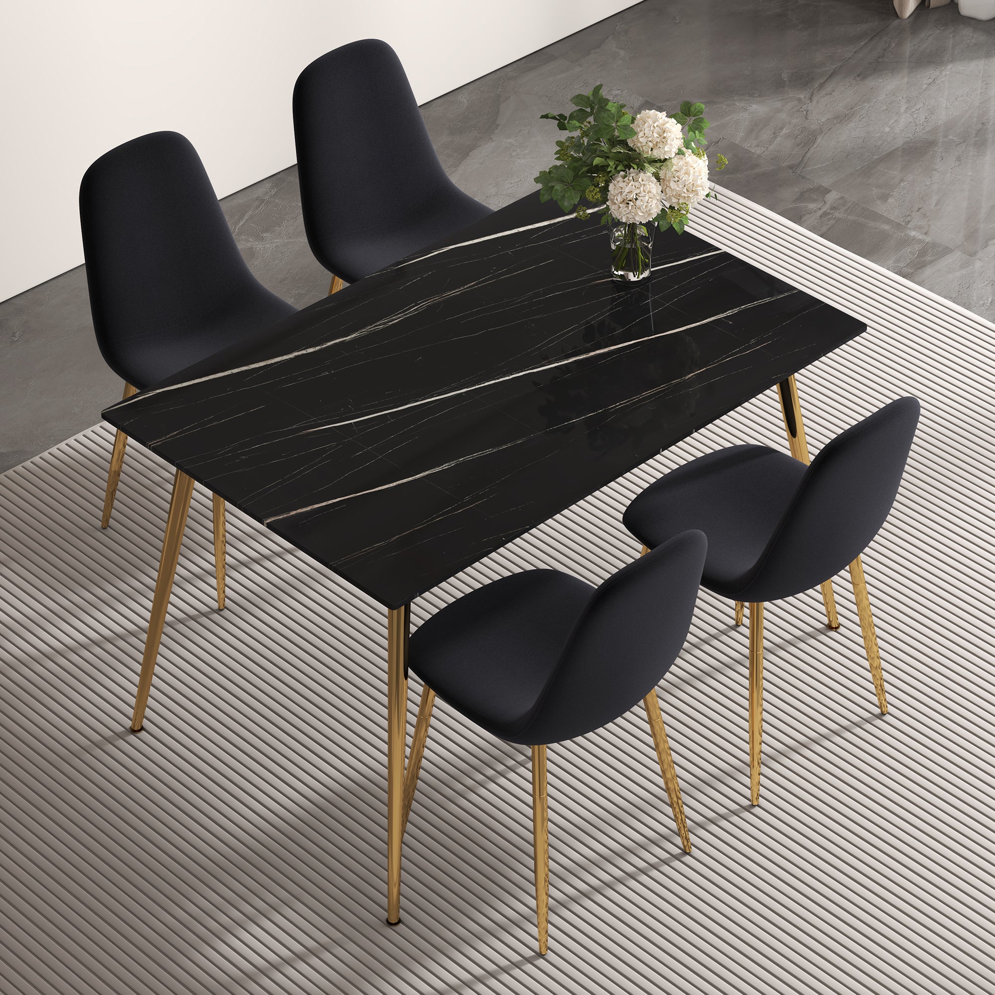 A Set Of 4 Dining Chairs And A Dining Table, Featuring Modern Medieval Style Restaurant Cushioned Side Chairs, Equipped With Soft Velvet Fabric Cushions And Spoon Shaped Golden Metal Legs. B0501A Black Velvet