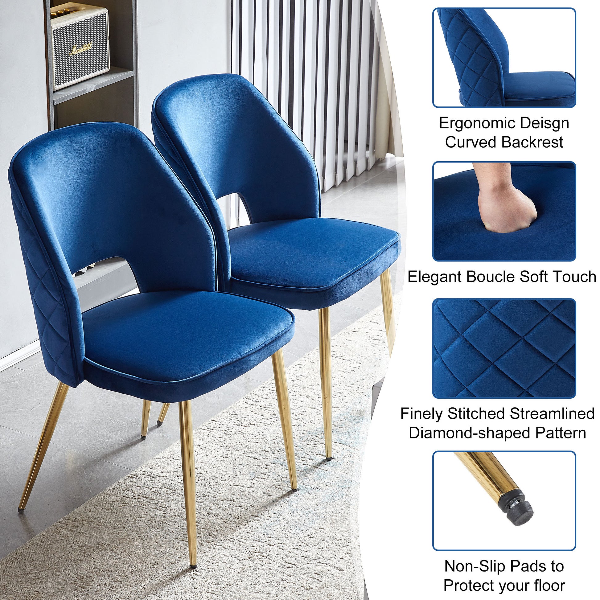 Blue Velvet Dining Chairs With Metal Legs And Hollow Back Upholstered Dining Chairs Set Of 4 Blue Dining Room Modern Dining Chairs Velvet