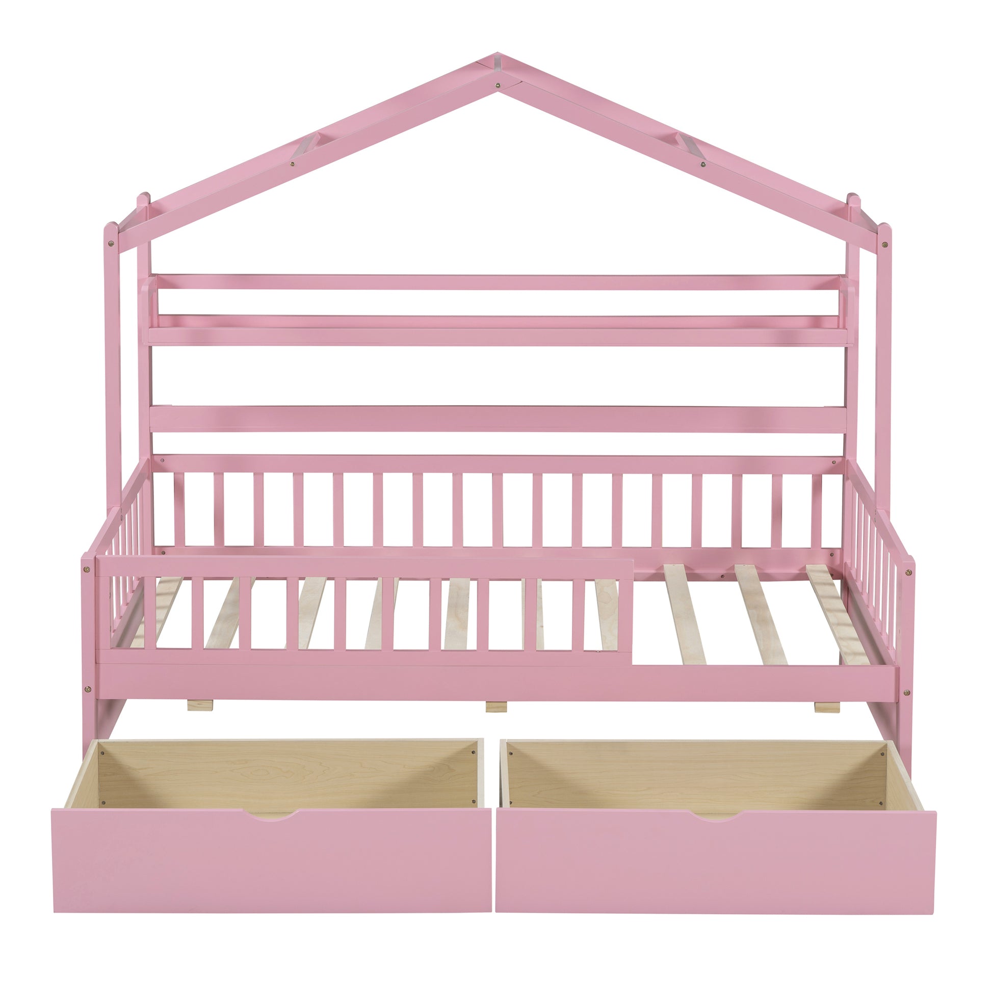 Wooden Twin Size House Bed With 2 Drawers,Kids Bed With Storage Shelf, Pink Pink Wood