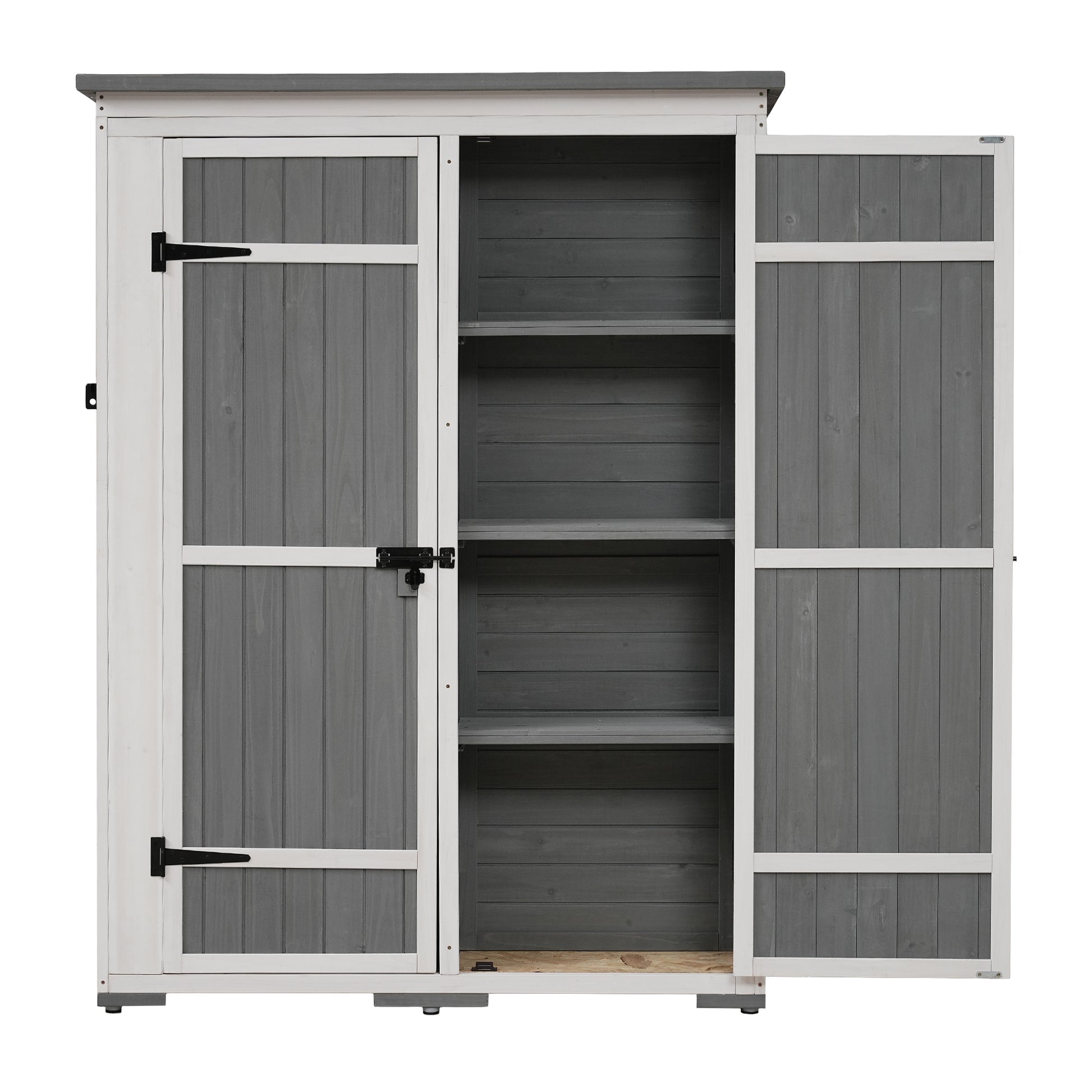 Outdoor 5.5Ft Hx4.1Ft L Wood Storage Shed, Garden Tool Cabinet With Waterproof Asphalt Roof, Four Lockable Doors, Multiple Tier Shelves, White And Gray White Gray Water Resistant Frame Garden &