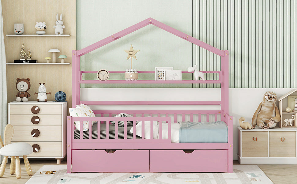 Wooden Twin Size House Bed With 2 Drawers,Kids Bed With Storage Shelf, Pink Pink Wood