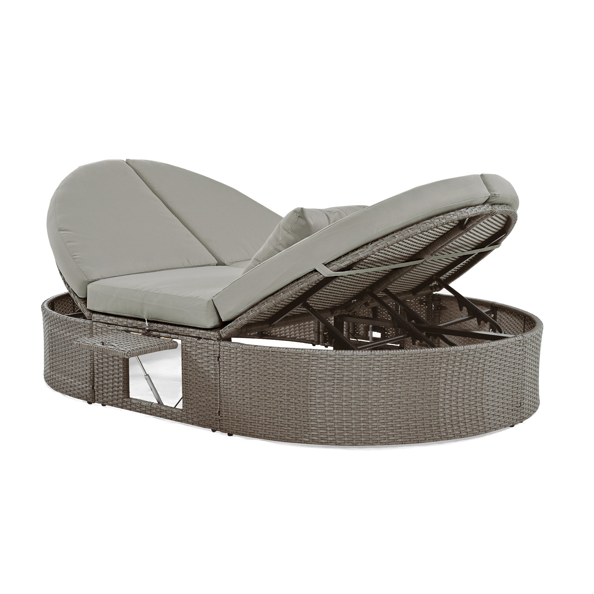 Outdoor Sun Bed Patio 2 Person Daybed With Cushions And Pillows, Rattan Garden Reclining Chaise Lounge With Adjustable Backrests And Foldable Cup Trays For Lawn,Poolside, Gray Yes Complete Patio Set Gray Weather Resistant Frame Water Resistant Cushion