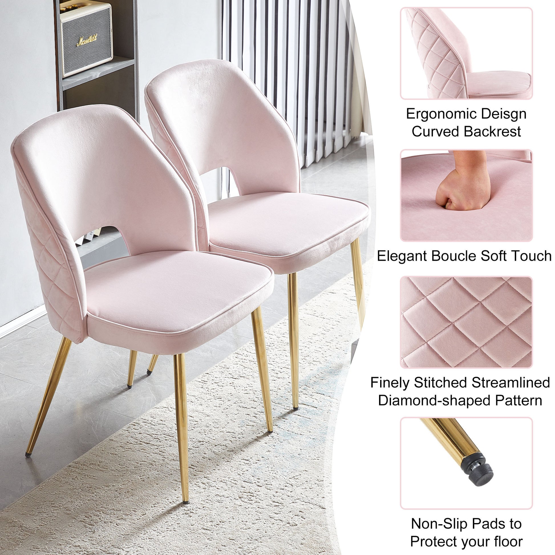 Pink Velvet Dining Chairs With Metal Legs And Hollow Back Upholstered Dining Chairs Set Of 4 Pink Dining Room Modern Dining Chairs Velvet