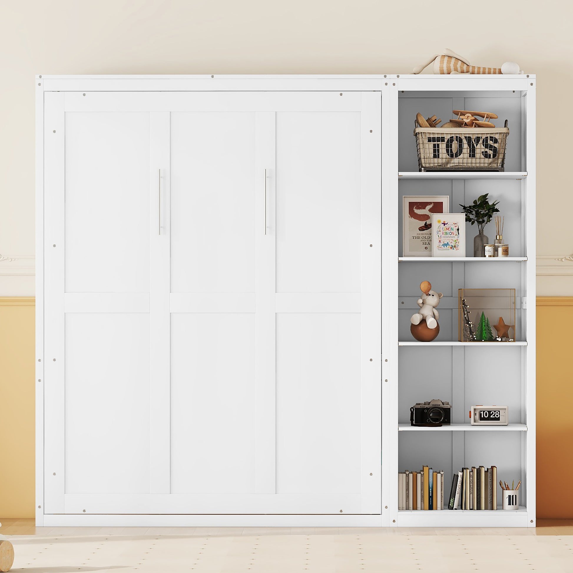 Full Size Murphy Bed Wall Bed With Shelves,White White Solid Wood Mdf