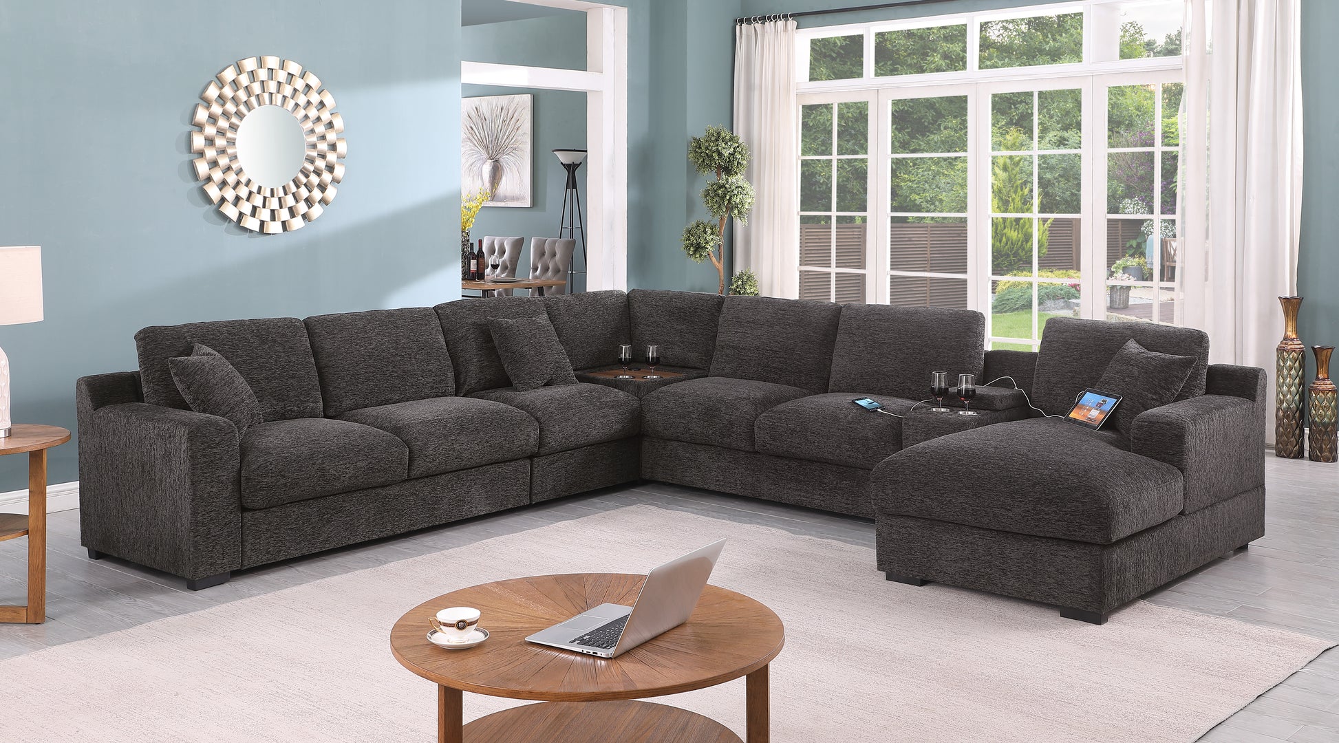 Celine 141.5" Gray Chenille Fabric Corner Sectional Sofa With Right Facing Chaise, Cupholders, And Charging Ports Gray Chenille