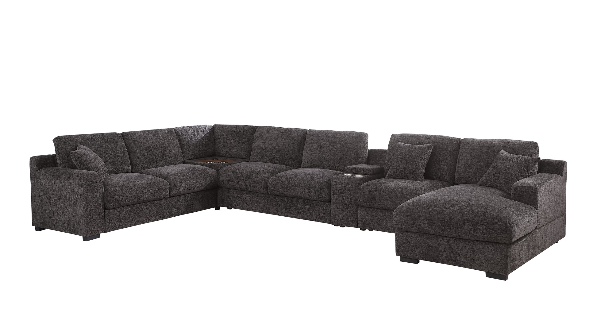 Celine 141.5" Gray Chenille Fabric Corner Sectional Sofa With Right Facing Chaise, Cupholders, And Charging Ports Gray Chenille