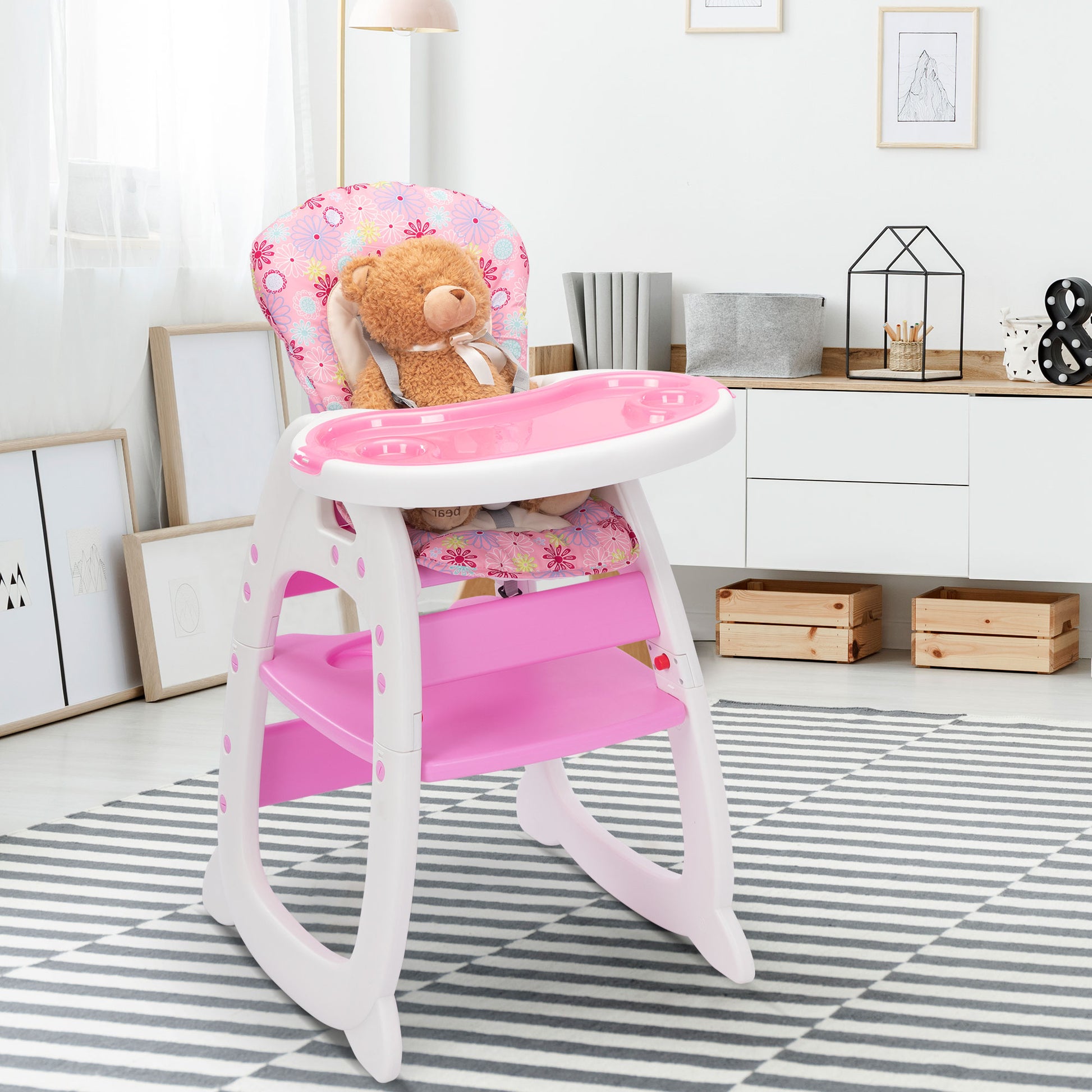 Multipurpose Adjustable Highchair For Baby Toddler Dinning Table With Feeding Tray And 5 Point Safety Buckle, Pink Pink Polypropylene