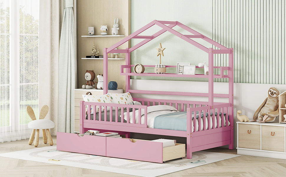 Wooden Twin Size House Bed With 2 Drawers,Kids Bed With Storage Shelf, Pink Pink Wood