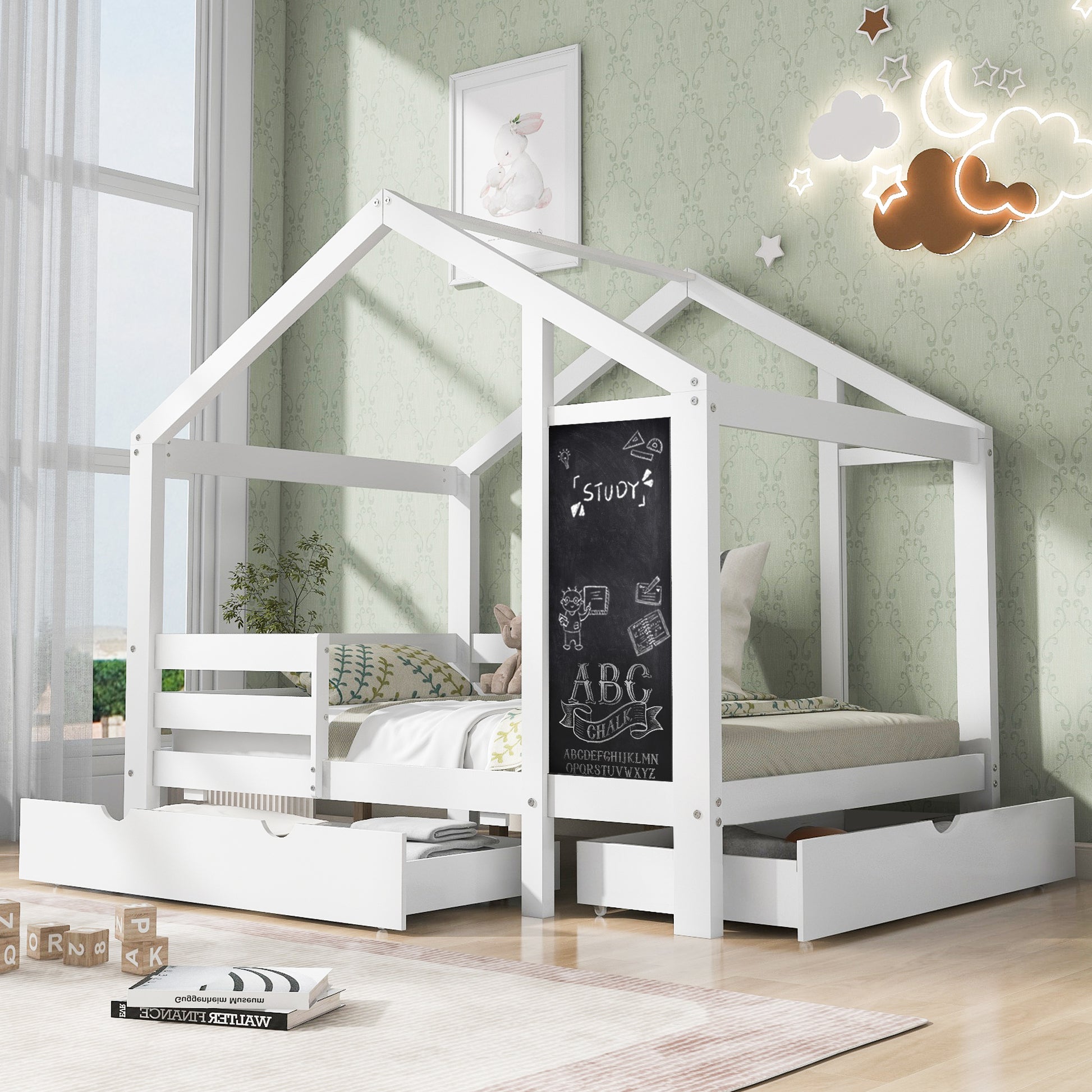 Twin House Bed With Blackboard And Drawers, Two Assembly Options, White Twin White Wood