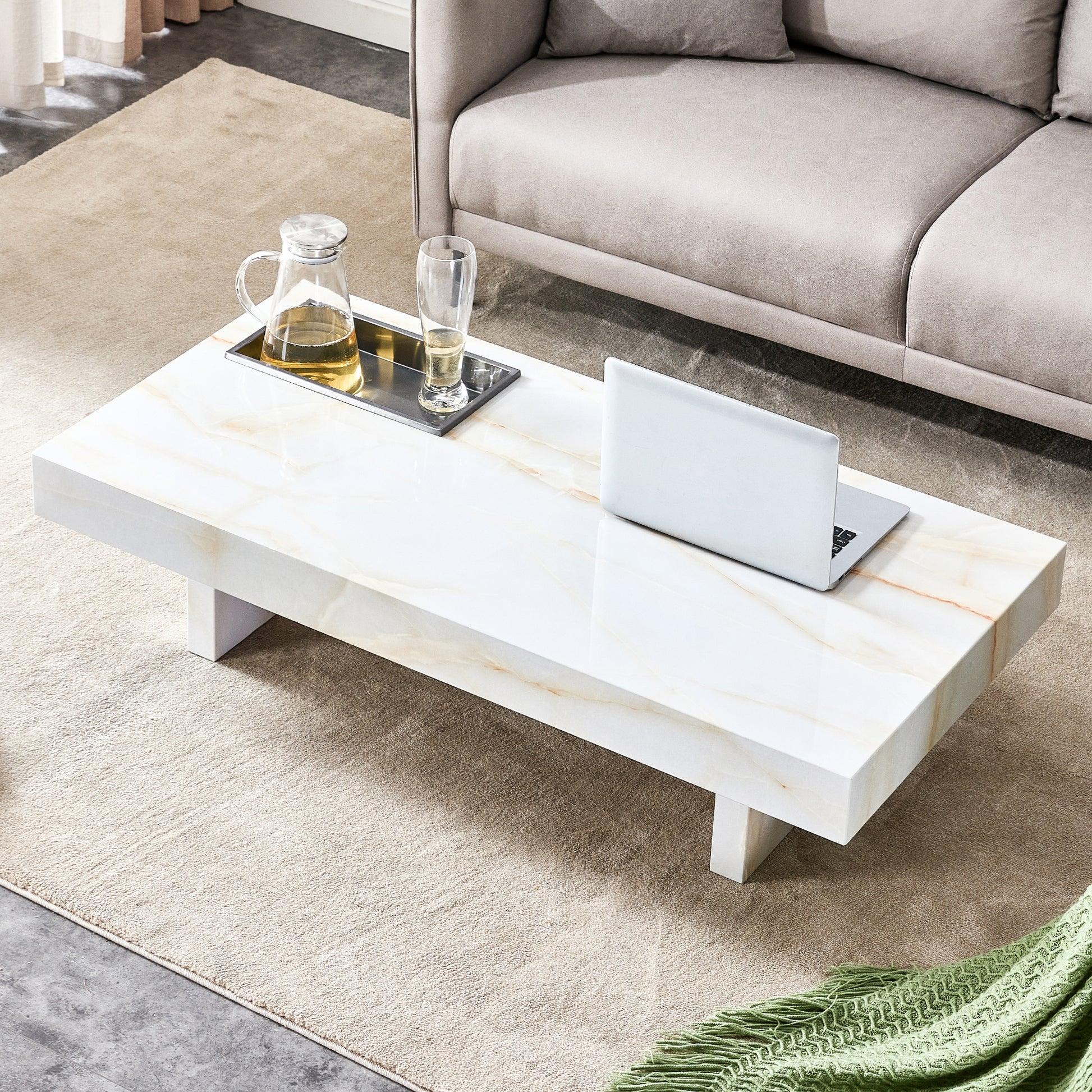 A Modern And Practical Coffee Table With Imitation Marble Patterns, Made Of Mdf Material. The Fusion Of Elegance And Natural Fashion 47.2"* 23.6"* 12 " White Mdf