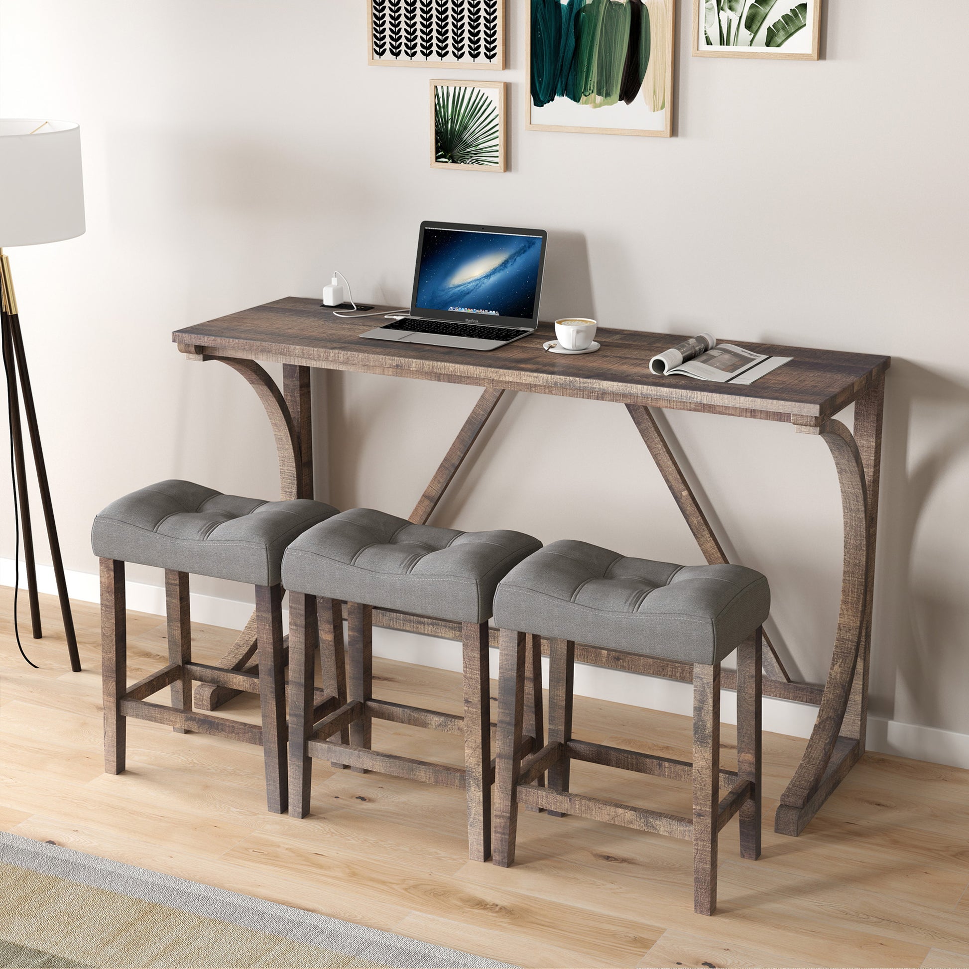 Bar Table Set With Power Outlet, Bar Table And Chairs Set, 4 Piece Dining Table Set, Industrial Breakfast Table Set, For Living Room, Dining Room, Game Room Brown Yellow Solid Wood Mdf