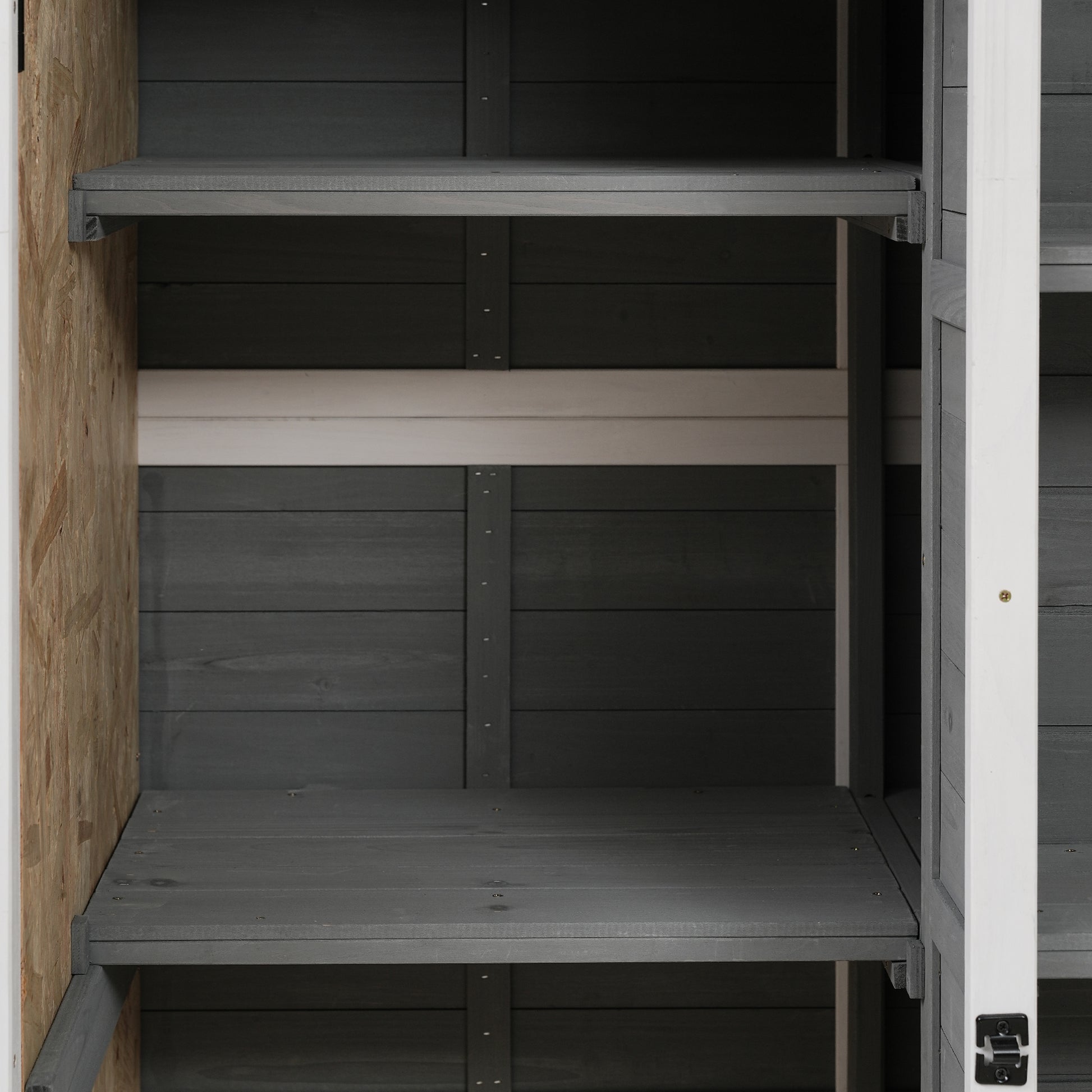 Outdoor 5.5Ft Hx4.1Ft L Wood Storage Shed, Garden Tool Cabinet With Waterproof Asphalt Roof, Four Lockable Doors, Multiple Tier Shelves, White And Gray White Gray Water Resistant Frame Garden &