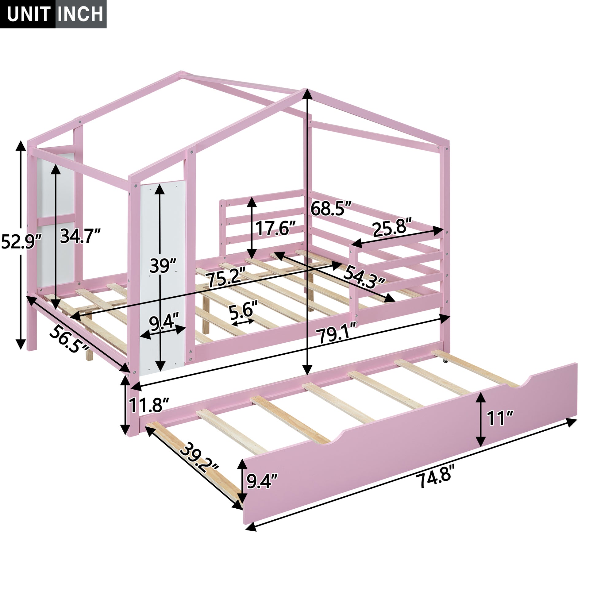 Full Size Wood House Bed With Fence And Writing Board, Pink Pink Solid Wood