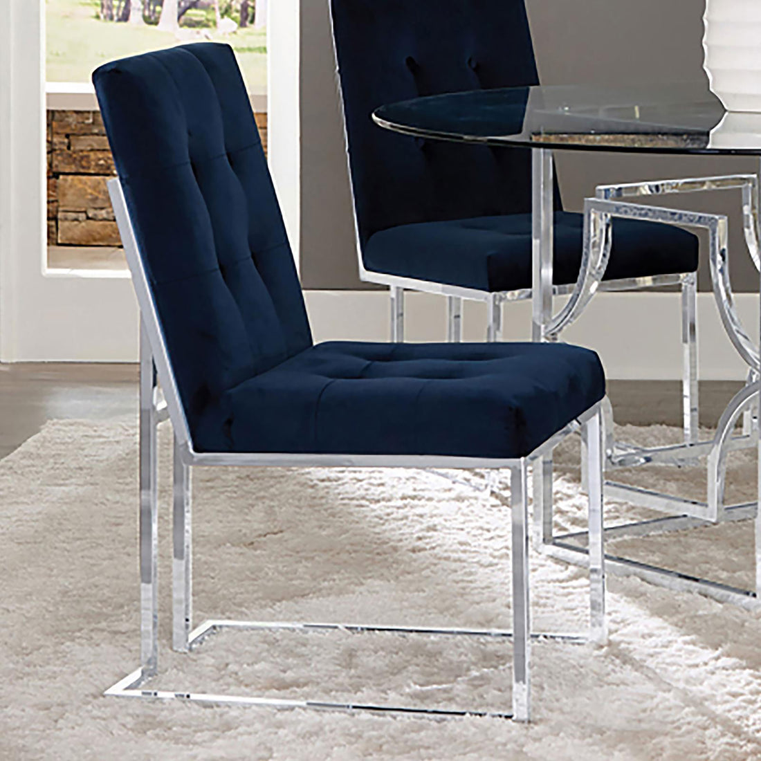 Blue And Chrome Tufted Back Dining Chair Set Of 2 Blue Dining Room Contemporary,Modern Side Chair Tufted Back Foam Upholstered