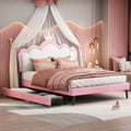 Full Size Princess Bed With Crown Headboard And 2 Drawers, Full Size Platform Bed With Headboard And Footboard,White Pink Pink Pu