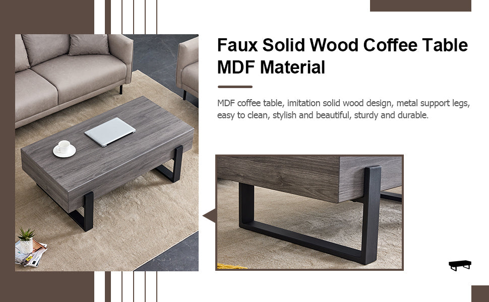 A Rustic Gray Wood Grain Mdf Coffee Table With Black Metal Legs An Elegant Space In Natural Wood Tones Grey Mdf