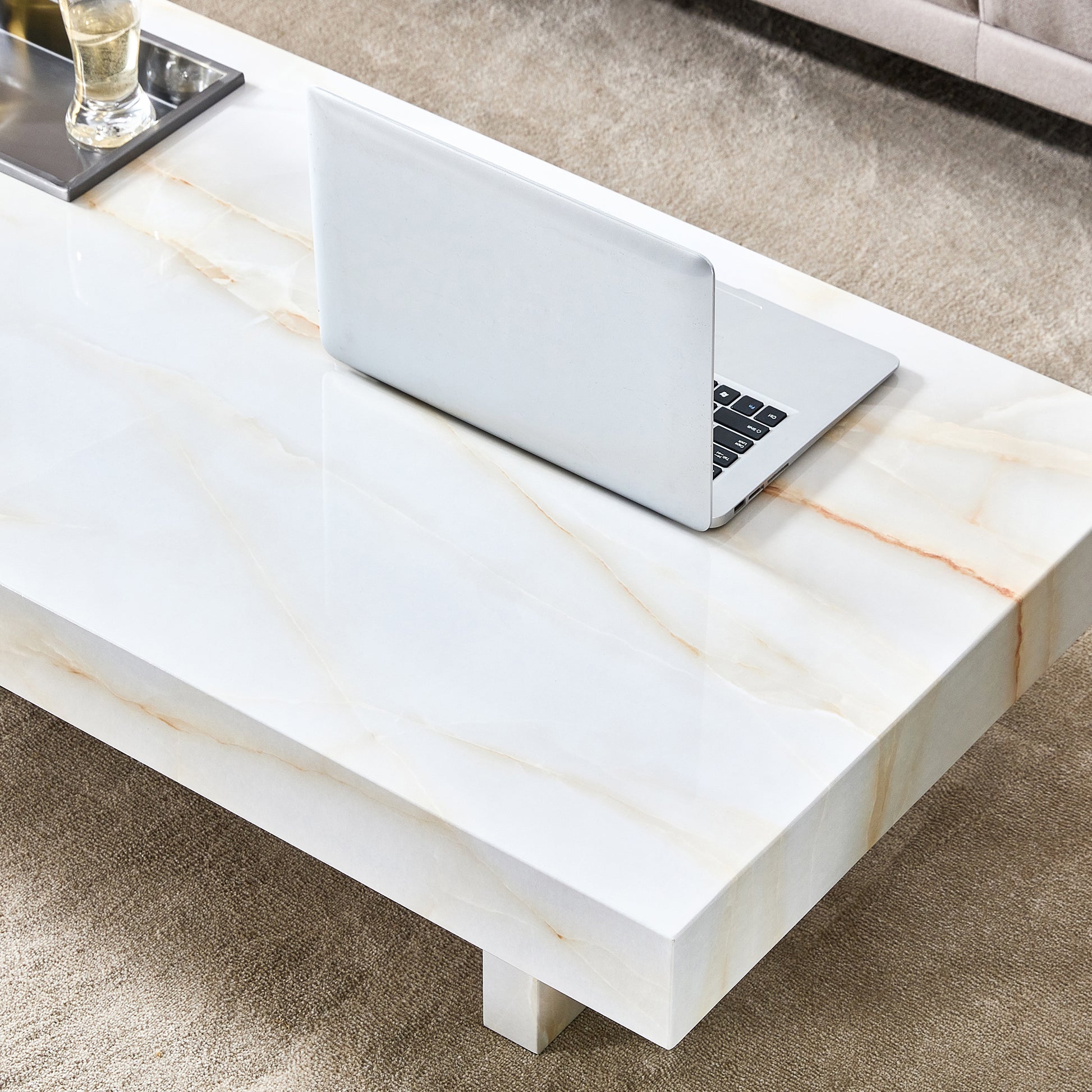 A Modern And Practical Coffee Table With Imitation Marble Patterns, Made Of Mdf Material. The Fusion Of Elegance And Natural Fashion 47.2"* 23.6"* 12 " White Mdf