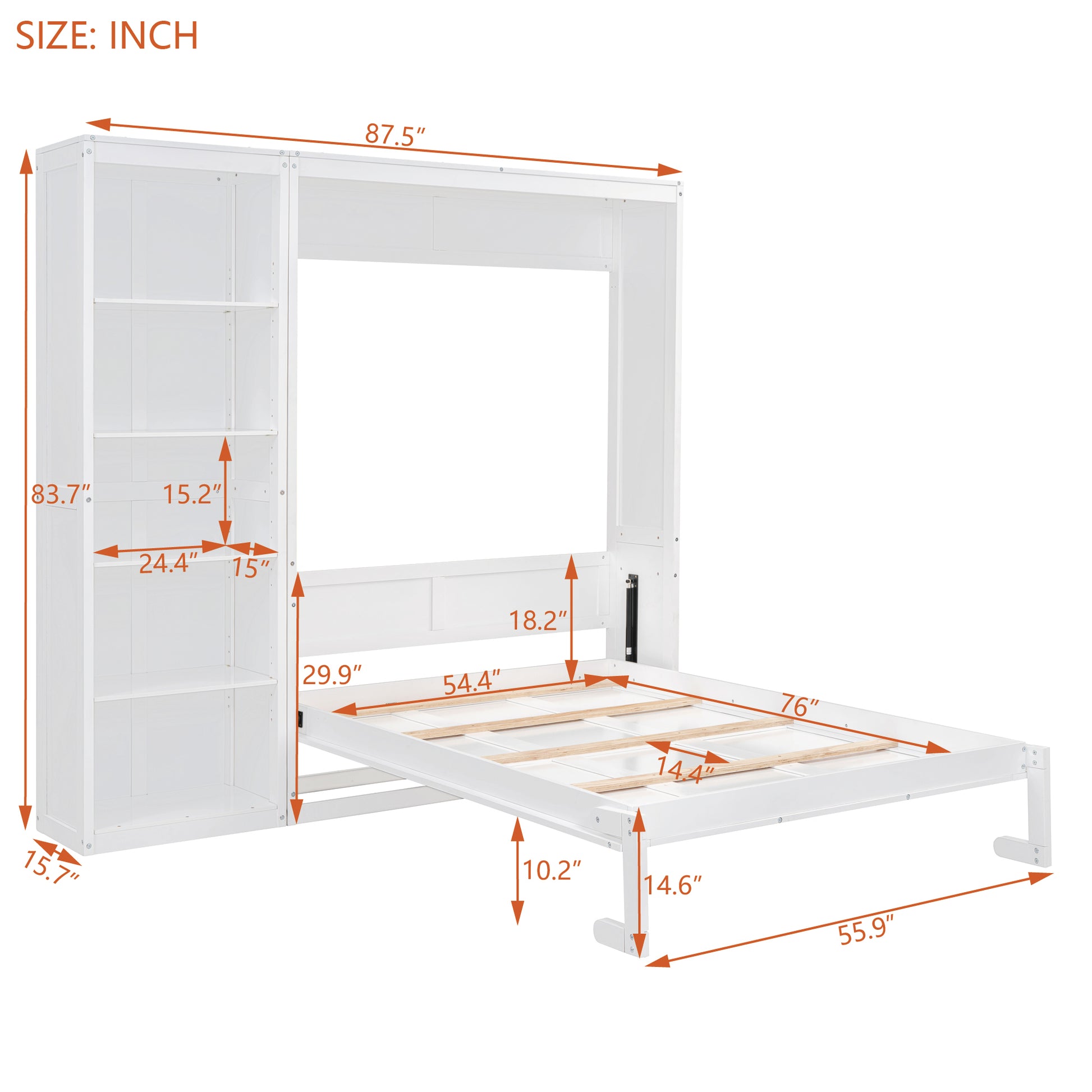 Full Size Murphy Bed Wall Bed With Shelves,White White Solid Wood Mdf