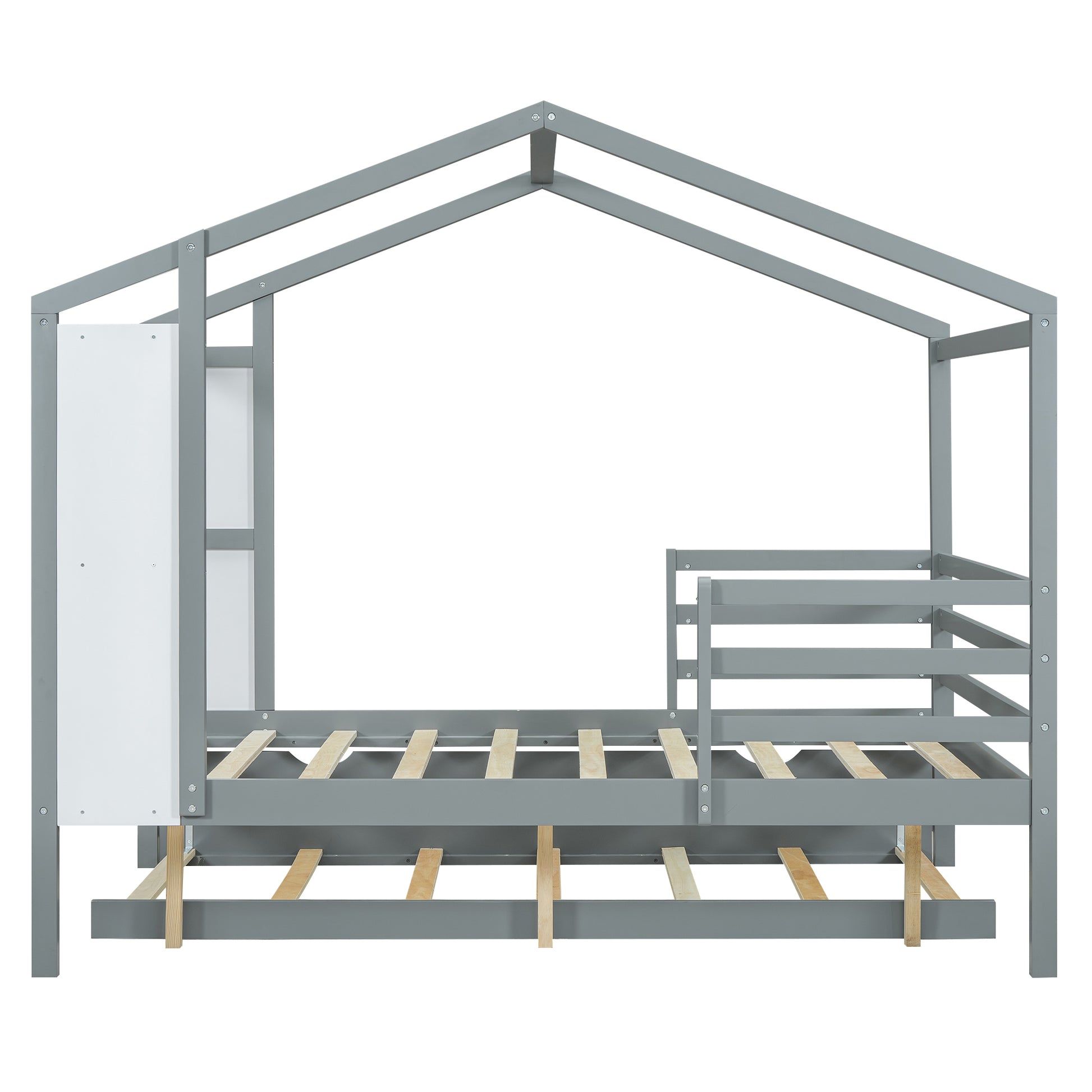 Full Size Wood House Bed With Fence And Writing Board, Gray Gray Solid Wood