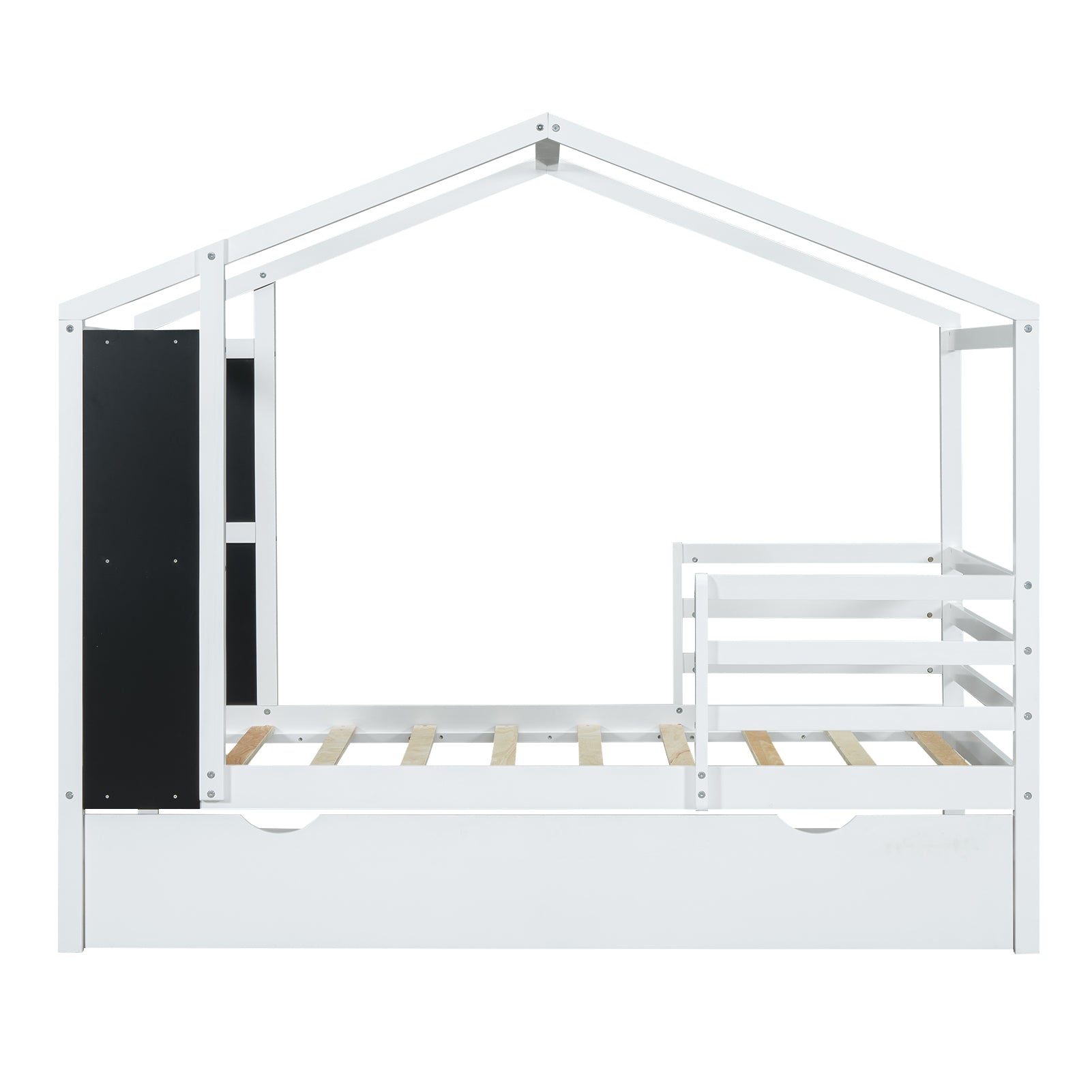 Twin Size Wood House Bed With Fence And Writing Board, White White Solid Wood