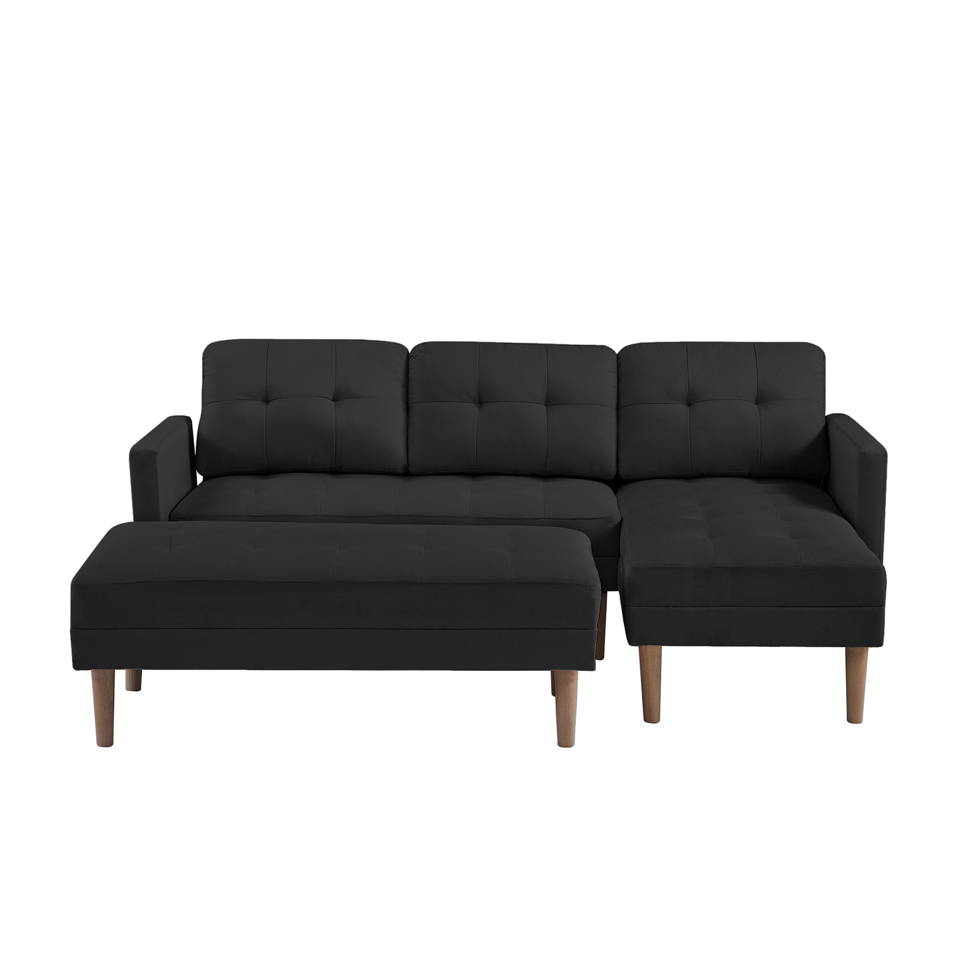 Black Fabric Right Facingsectional Sofa Bedl Shape Sofa Chaise Lounge With Ottoman Bench Black Wood Tufted Back Square Arms Foam Fabric 3 Seat