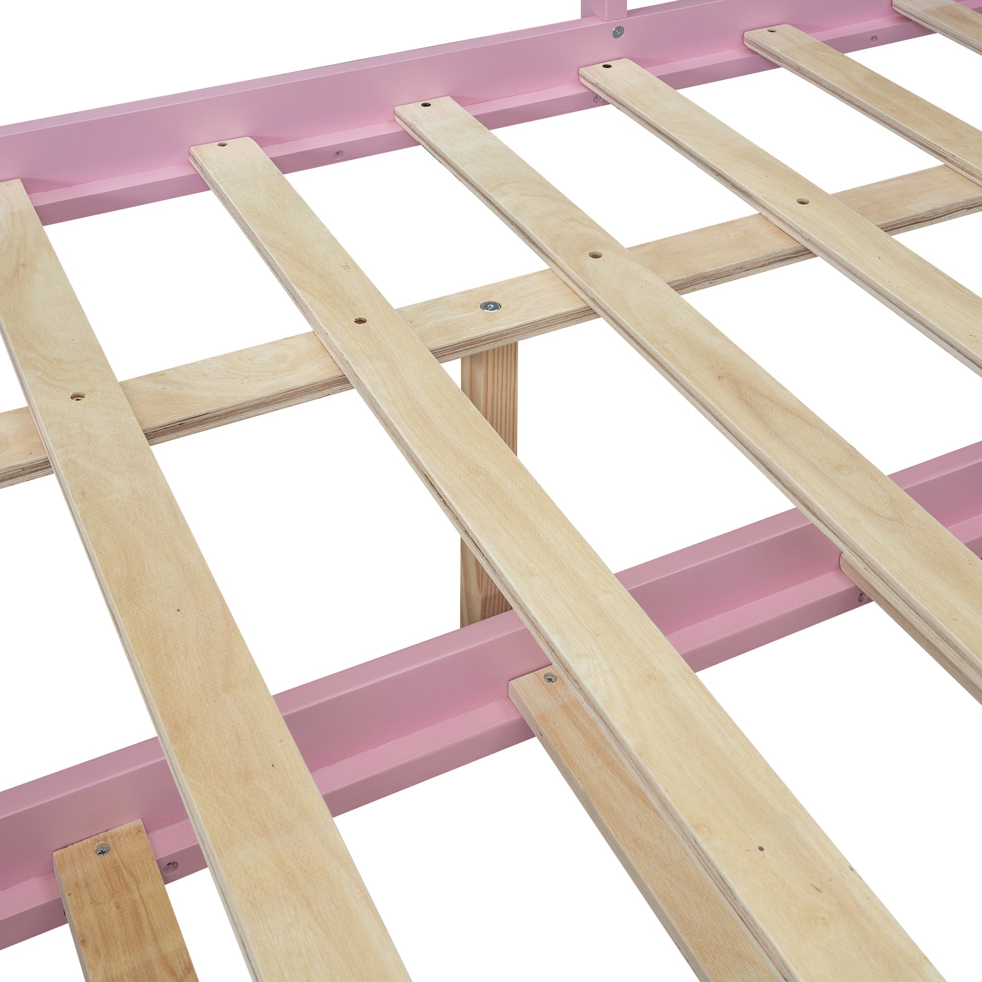 Full Size Wood House Bed With Fence And Writing Board, Pink Pink Solid Wood