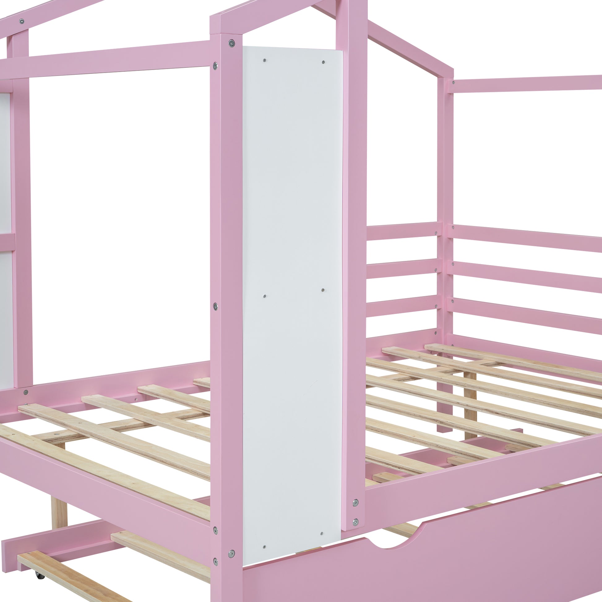 Full Size Wood House Bed With Fence And Writing Board, Pink Pink Solid Wood