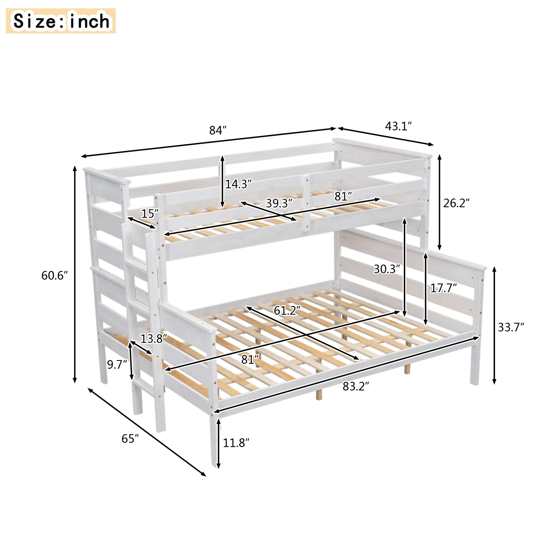 Wood Twin Xl Over Queen Bunk Bed With Ladder, White Box Spring Not Required White Wood Bedroom Bunk Solid Wood Mdf