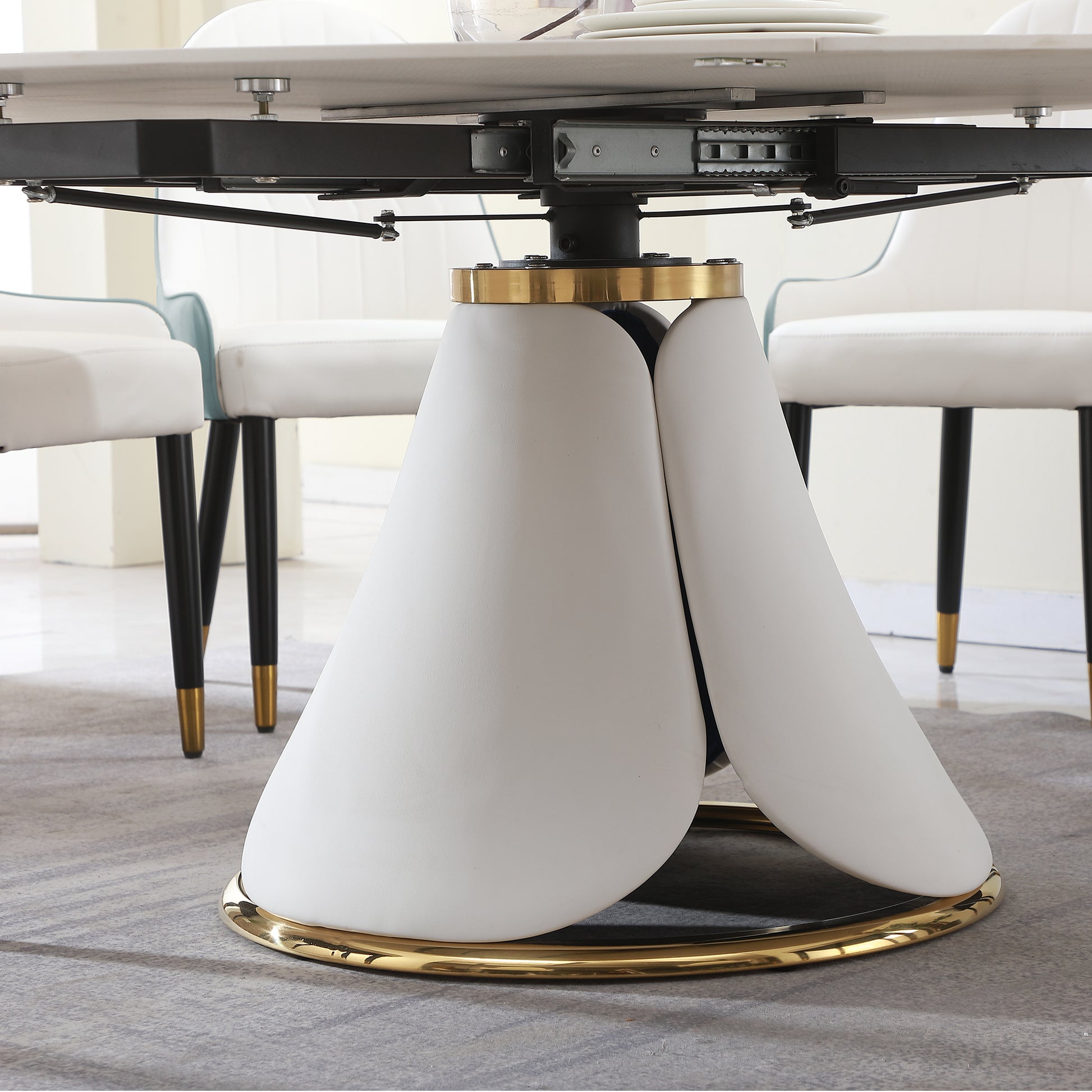 Fashion Modern Sinntered Stone Dining Table With Simple And Multi Functional Retractable Dining Table With 6 Chairs White Sintered Stone