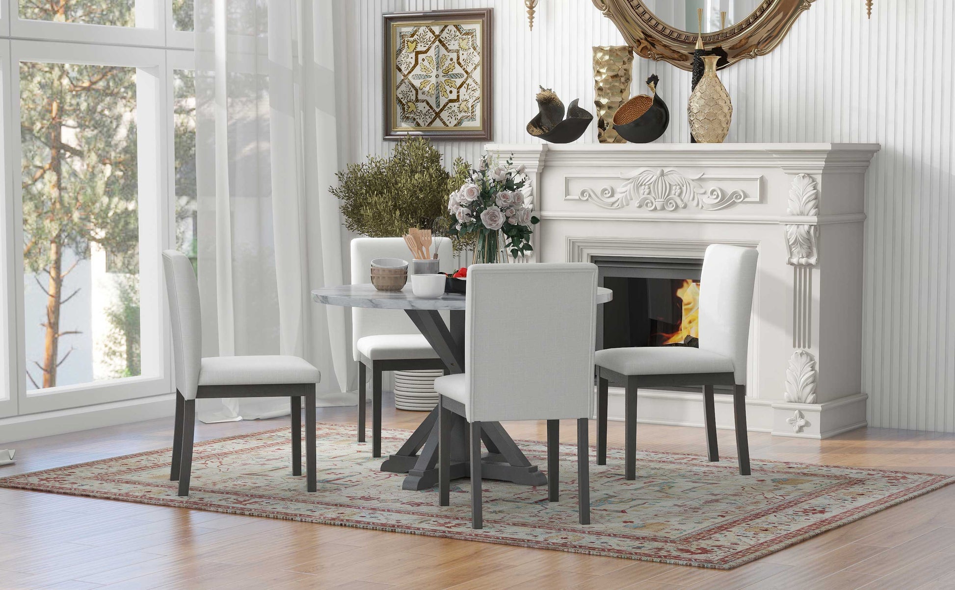 5 Piece Farmhouse Style Dining Table Set, Marble Sticker And Cross Bracket Pedestal Dining Table, And 4 Upholstered Chairs White Gray Upholstered Chair Wood White Gray Seats 4 Wood Dining Room