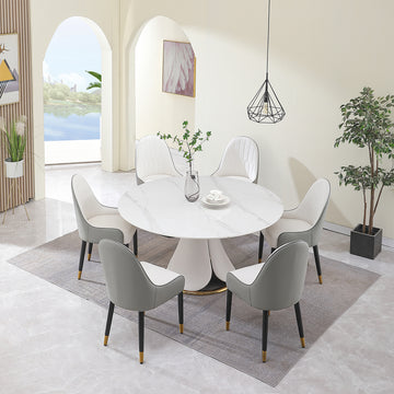 Fashion Modern Sinntered Stone Dining Table With Simple And Multi Functional Retractable Dining Table With 6 Pcs Chairs Beige White Engineered Stone