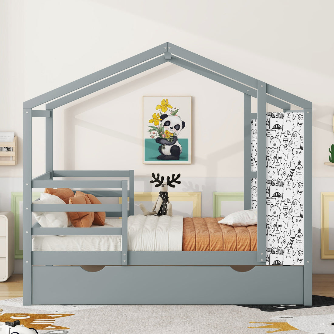 Full Size Wood House Bed With Fence And Writing Board, Gray Gray Solid Wood