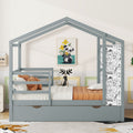 Full Size Wood House Bed With Fence And Writing Board, Gray Gray Solid Wood