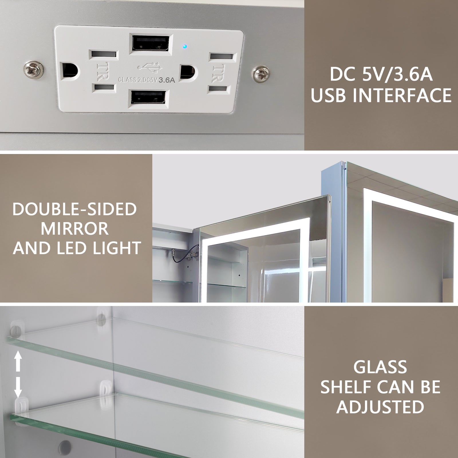 Lighted Medicine Cabinet 24 X 30 Inch, Recessed Or Surface Led Medicine Cabinet,Defog,Stepless Dimming,3000K 6400K, Outlets & Usbs,Hinge On The Right. Silver Aluminium