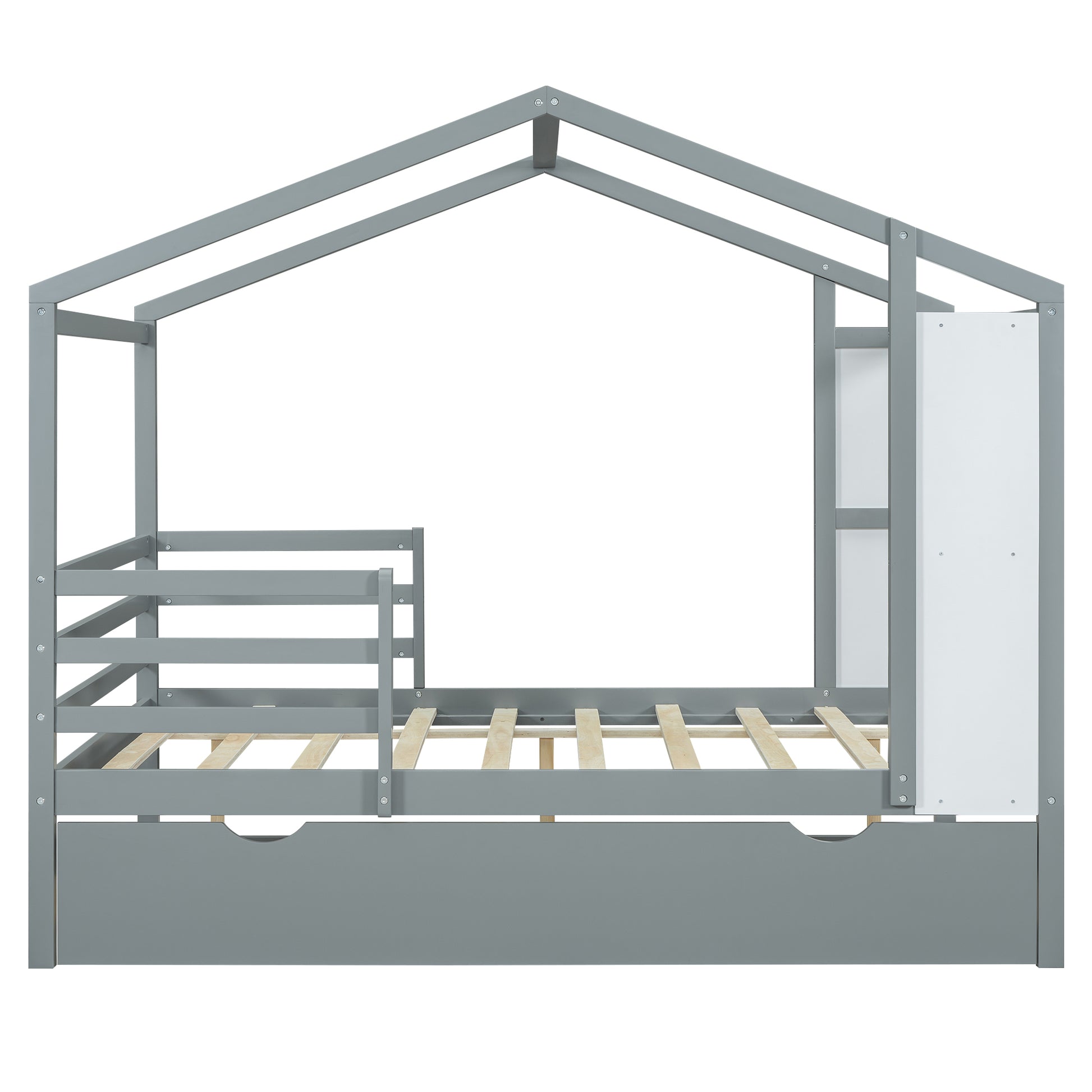 Full Size Wood House Bed With Fence And Writing Board, Gray Gray Solid Wood