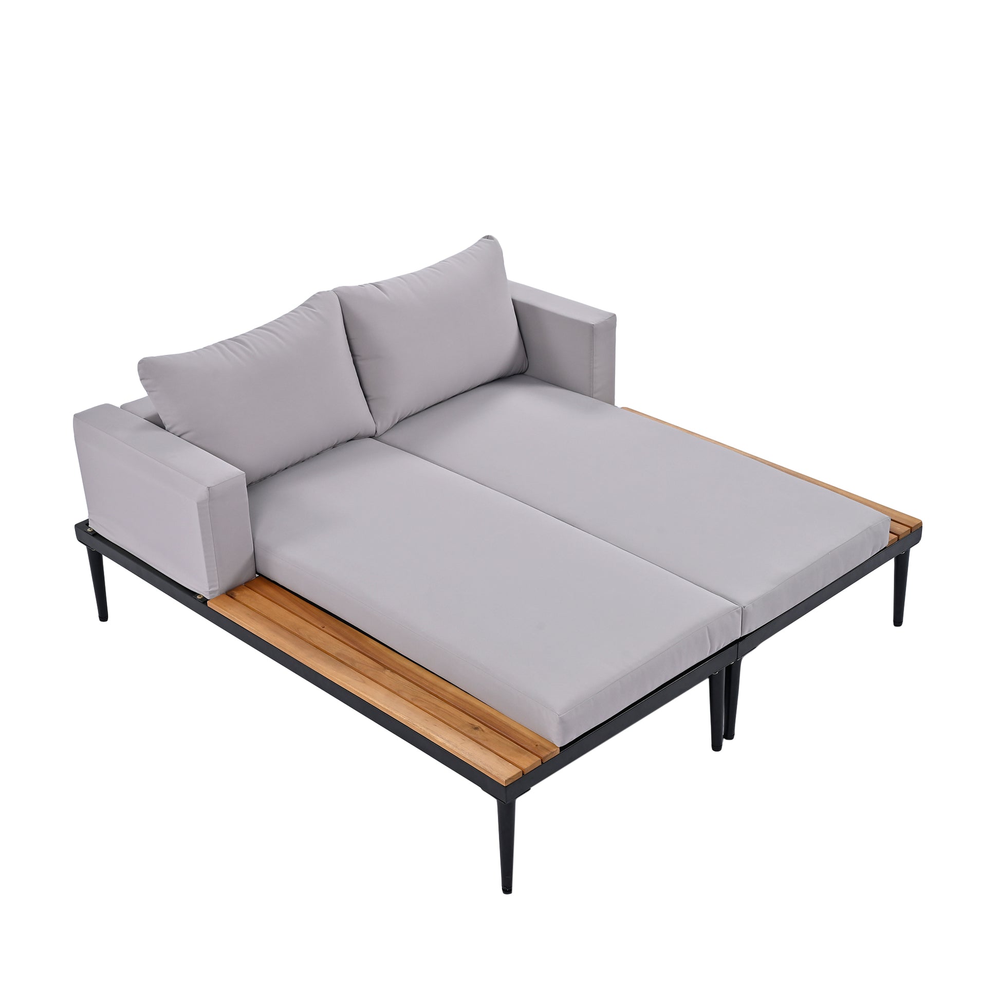 Modern Outdoor Daybed Patio Metal Daybed With Wood Topped Side Spaces For Drinks, 2 In 1 Padded Chaise Lounges For Poolside, Balcony, Deck, Gray Yes Lounge Gray Weather Resistant Frame Fade