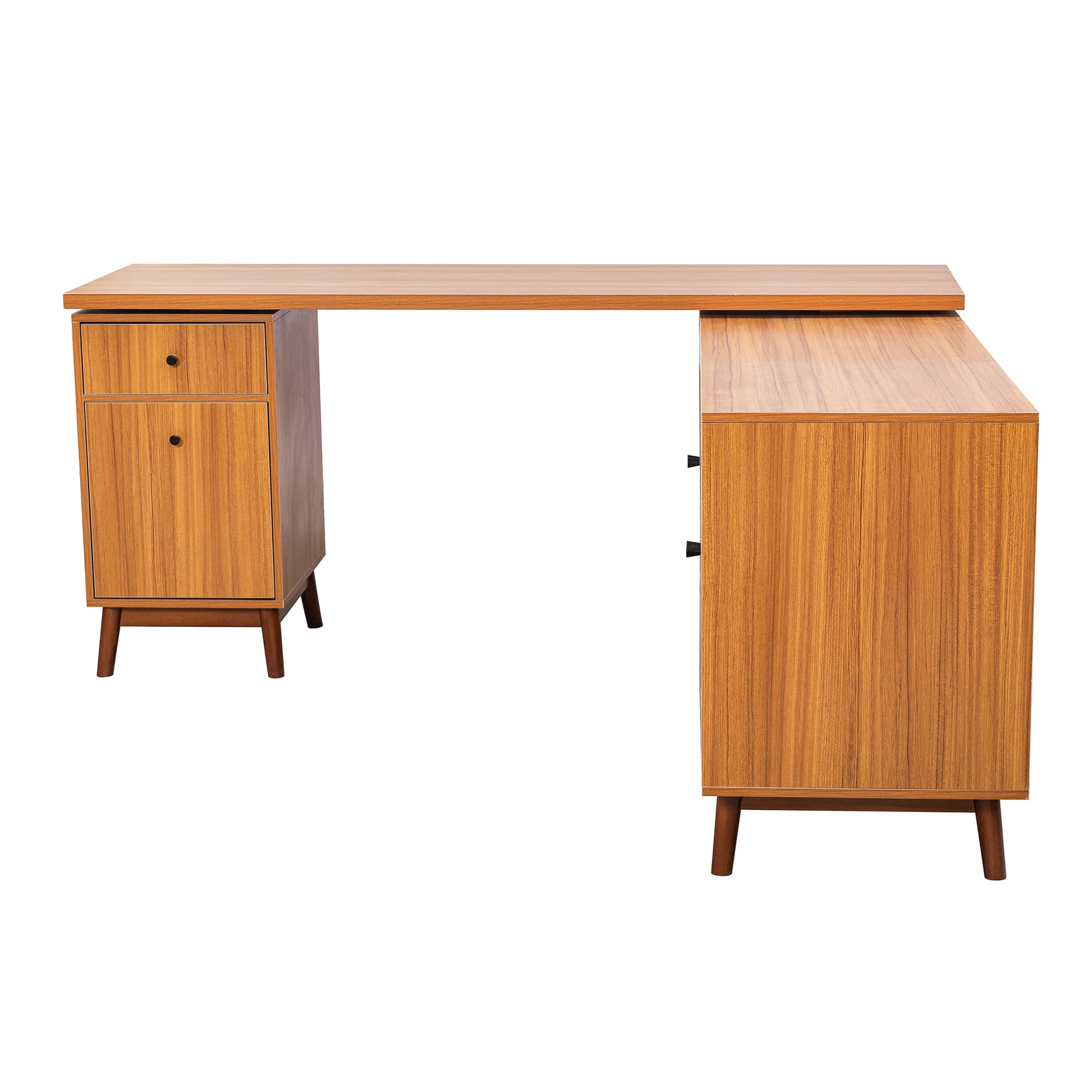 66.5" Modern L Shaped Executive Desk With Delicate Tempered Glass Cabinet Storage,Large Office Desk With Drawers,Business Furniture Desk Workstation For Home Office,Teak Teak Mdf