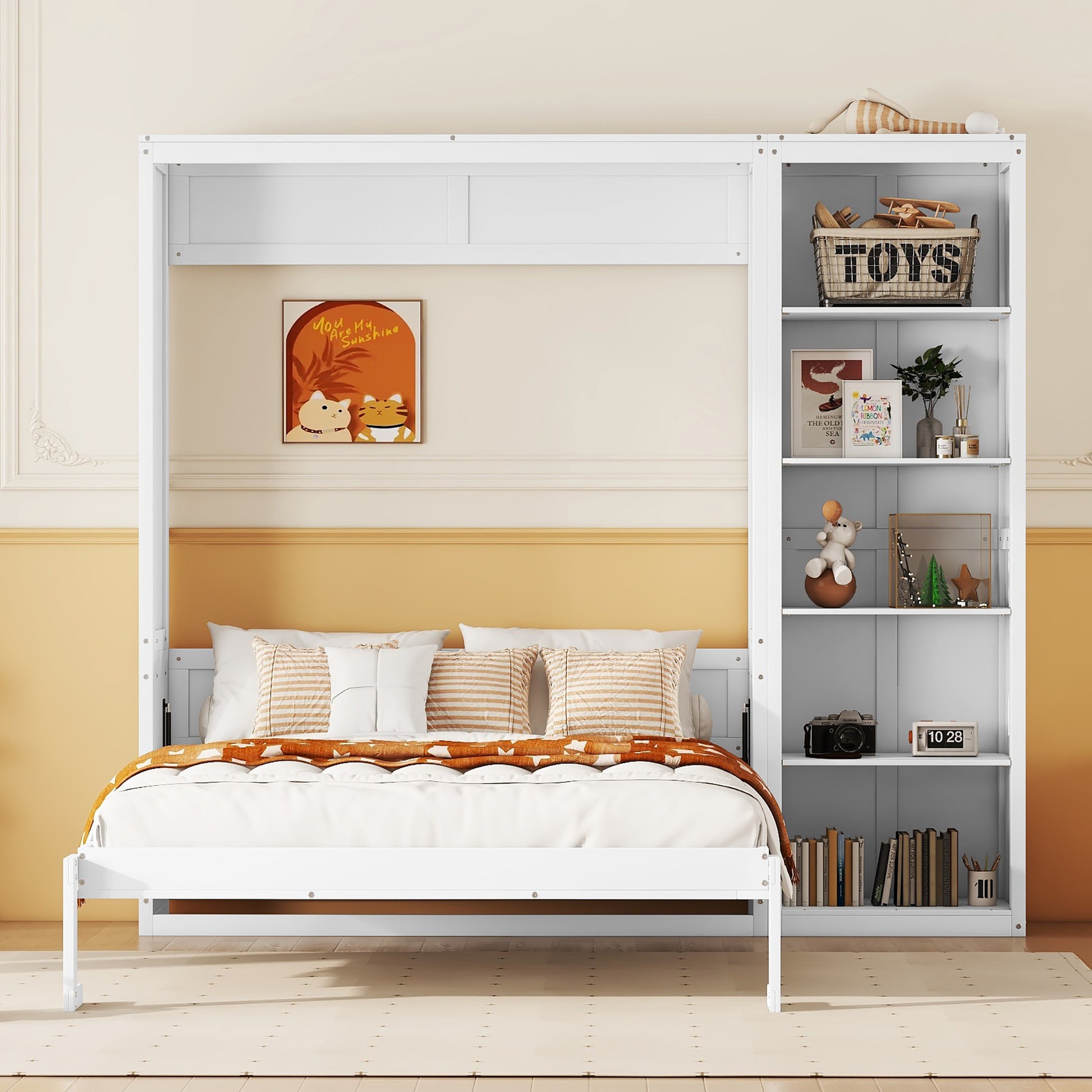 Full Size Murphy Bed Wall Bed With Shelves,White White Solid Wood Mdf