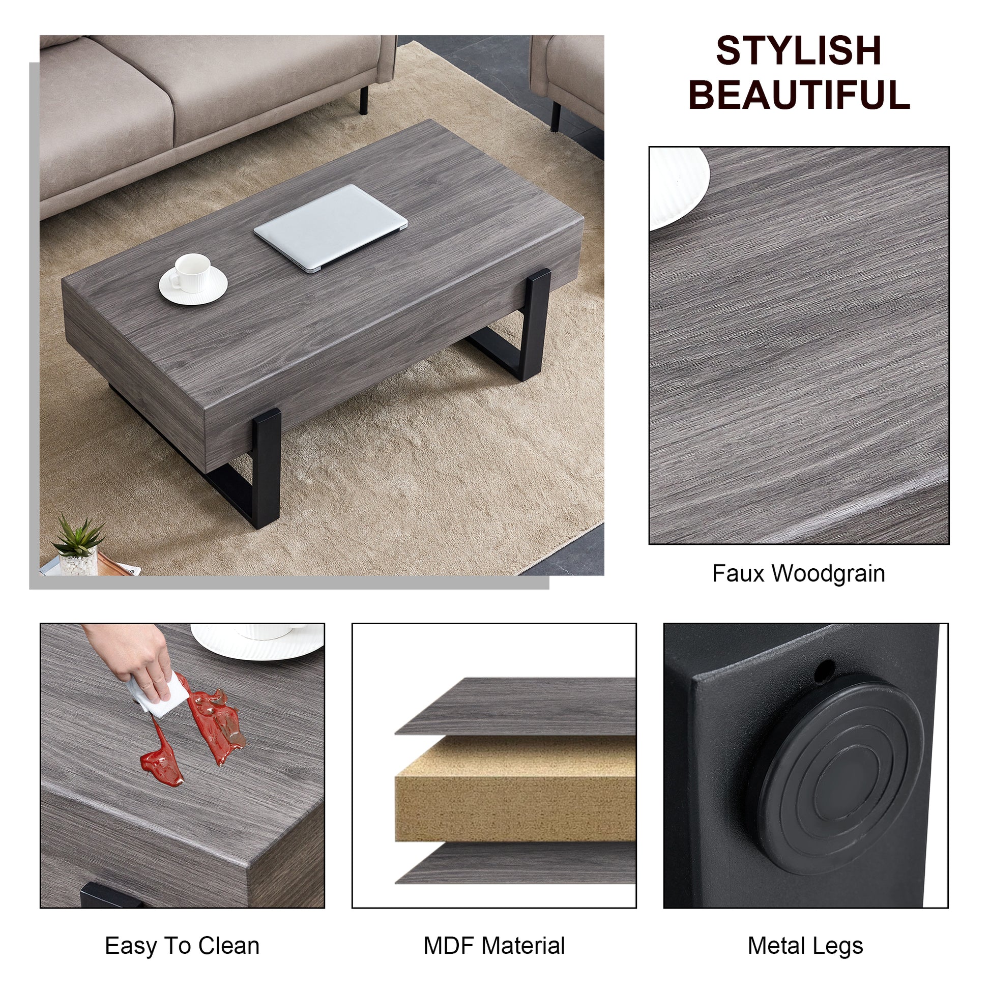 A Rustic Gray Wood Grain Mdf Coffee Table With Black Metal Legs An Elegant Space In Natural Wood Tones Grey Mdf