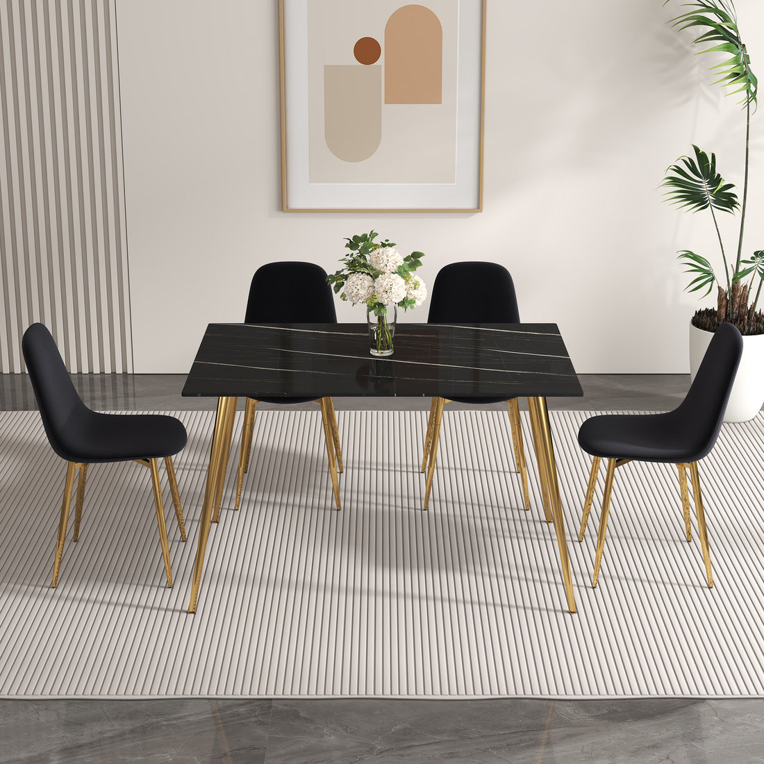 A Set Of 4 Dining Chairs And A Dining Table, Featuring Modern Medieval Style Restaurant Cushioned Side Chairs, Equipped With Soft Velvet Fabric Cushions And Spoon Shaped Golden Metal Legs. B0501A Black Velvet