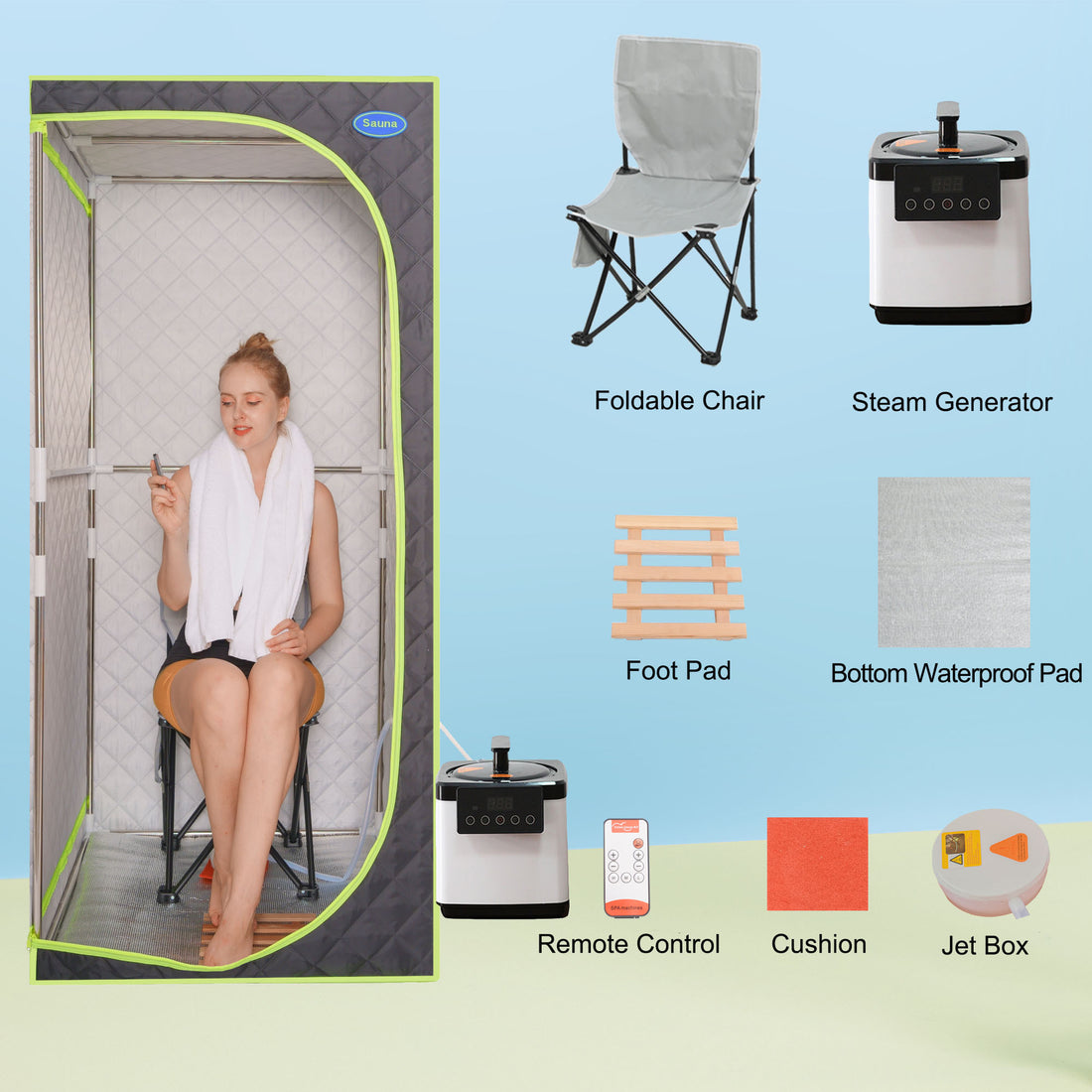 Portable Plus Type Full Size Steam Sauna Tent. Spa, Detox ,Therapy And Relaxation At Home.Larger Space,Stainless Steel Connector Easy To Install, With Fcc Certification Black Green Binding Black Polyester