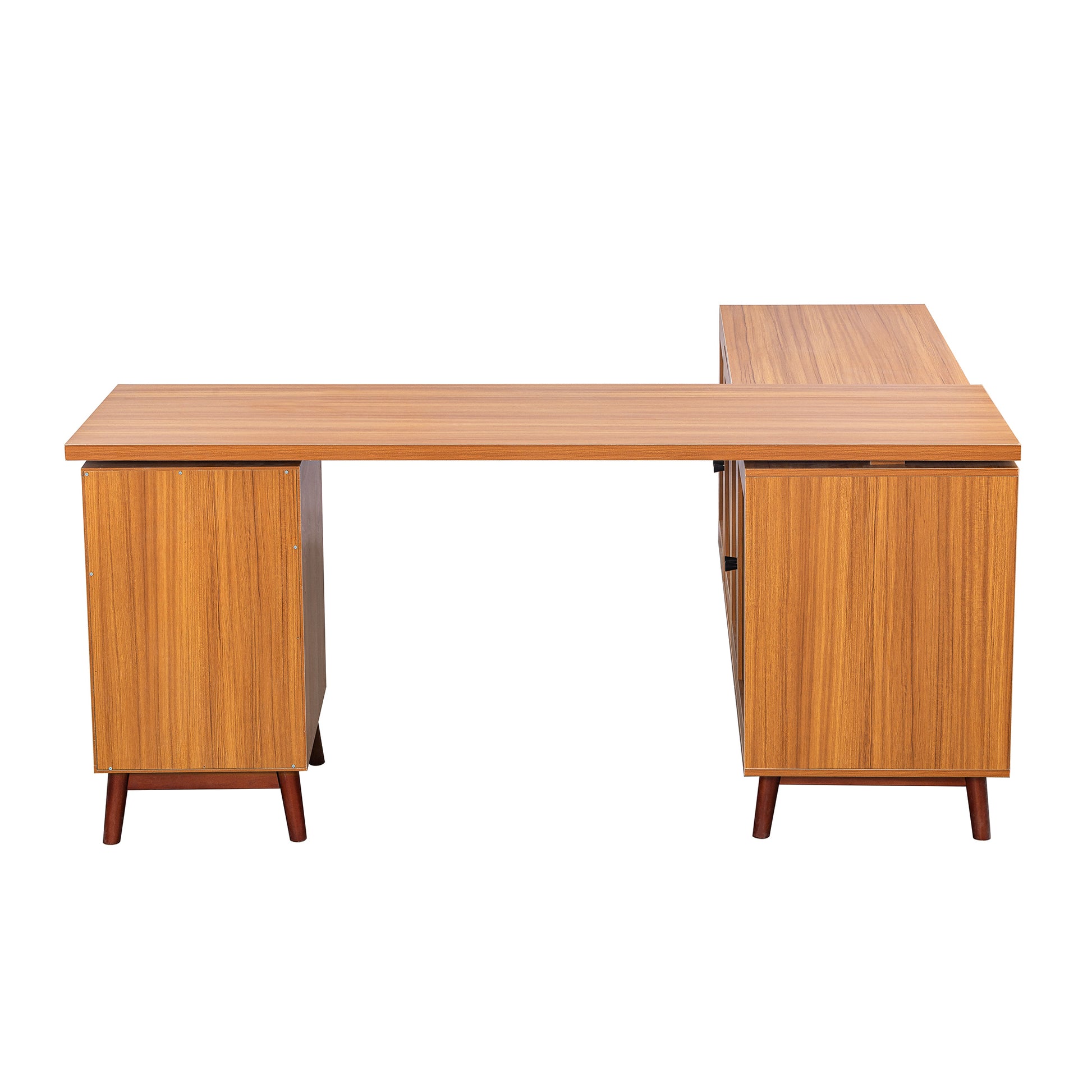 66.5" Modern L Shaped Executive Desk With Delicate Tempered Glass Cabinet Storage,Large Office Desk With Drawers,Business Furniture Desk Workstation For Home Office,Teak Teak Mdf