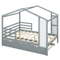Full Size Wood House Bed With Fence And Writing Board, Gray Gray Solid Wood