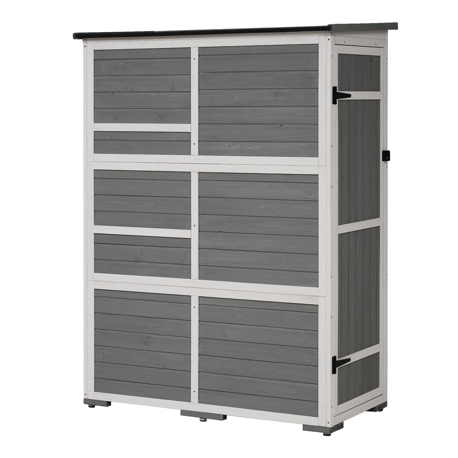 Outdoor 5.5Ft Hx4.1Ft L Wood Storage Shed, Garden Tool Cabinet With Waterproof Asphalt Roof, Four Lockable Doors, Multiple Tier Shelves, White And Gray White Gray Water Resistant Frame Garden &