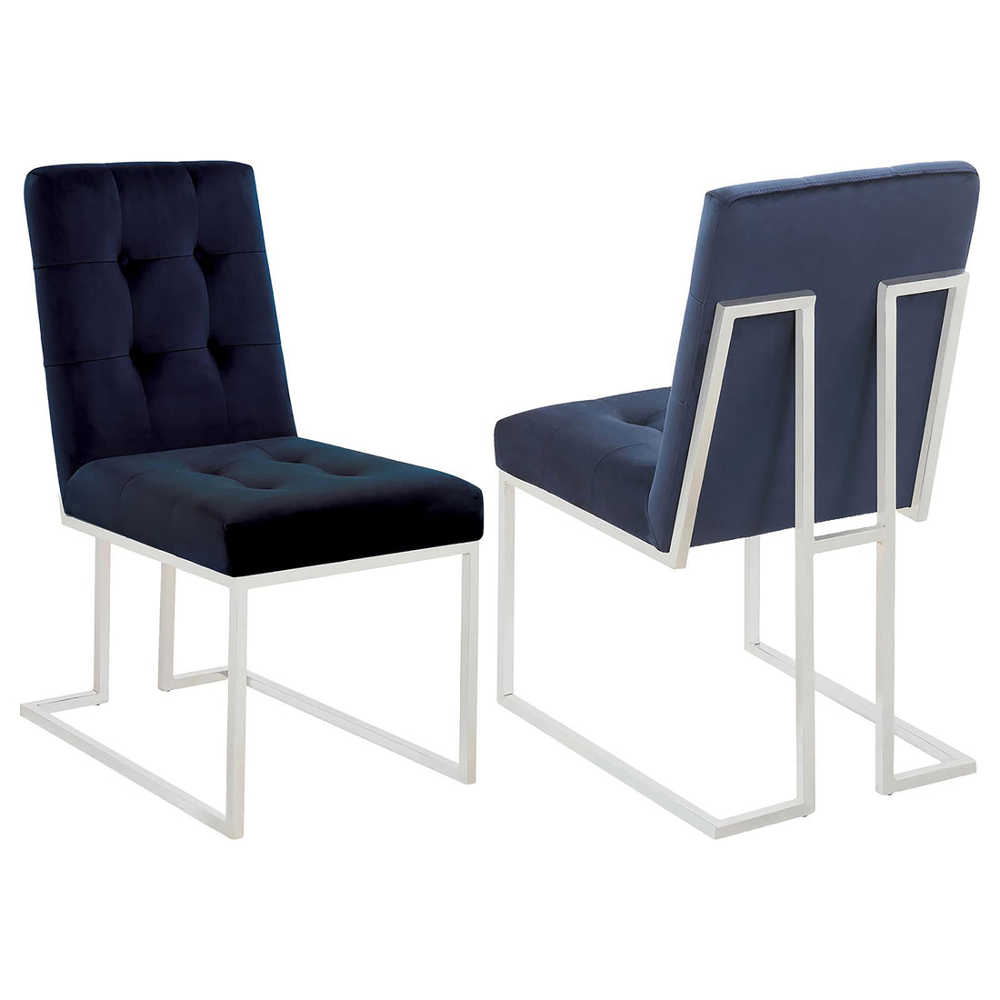 Blue And Chrome Tufted Back Dining Chair Set Of 2 Blue Dining Room Contemporary,Modern Side Chair Tufted Back Foam Upholstered