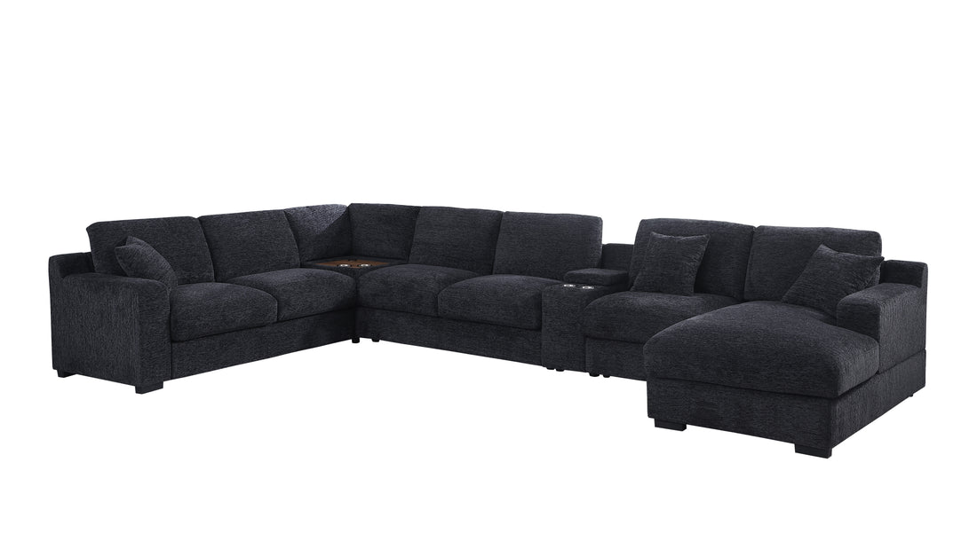 Celine 141.5" Dark Gray Chenille Fabric Corner Sectional Sofa With Right Facing Chaise, Cupholders, And Charging Ports Dark Gray Chenille