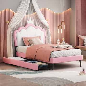 Twin Size Upholstered Princess Bed With Crown Headboard And 2 Drawers,Twin Size Platform Bed With Headboard And Footboard,White Pink Twin Pink Pu